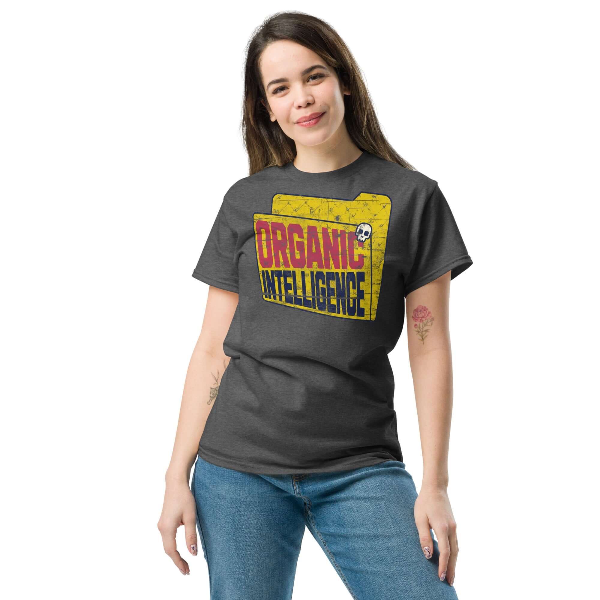 Woman wearing Organic Intelligence T-shirt featuring a vintage computer file graphic, humorously highlighting anti-AI sentiment.