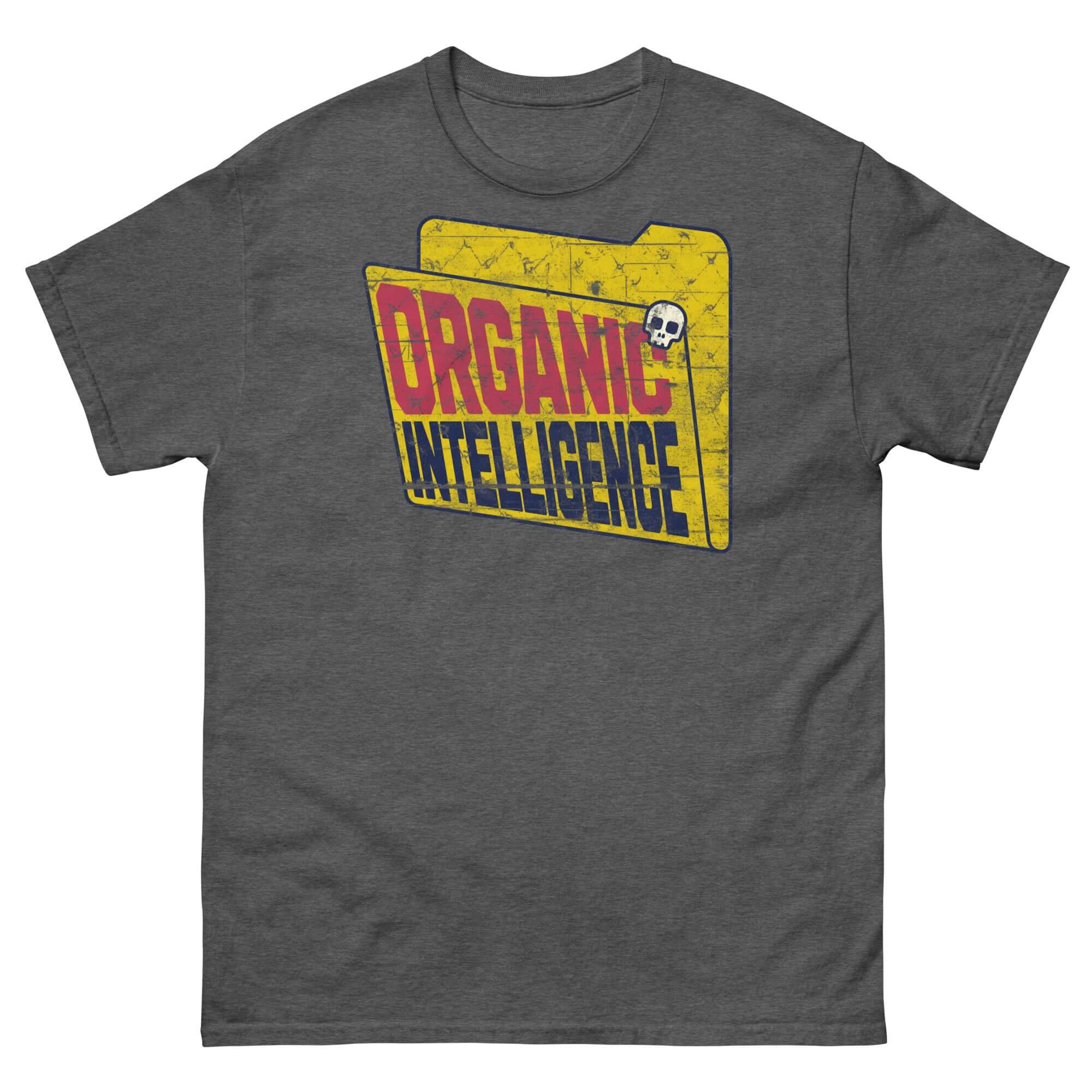 "Organic Intelligence" T-shirt featuring vintage computer folder icon, humorous anti-AI design in tech rebellion clothing.