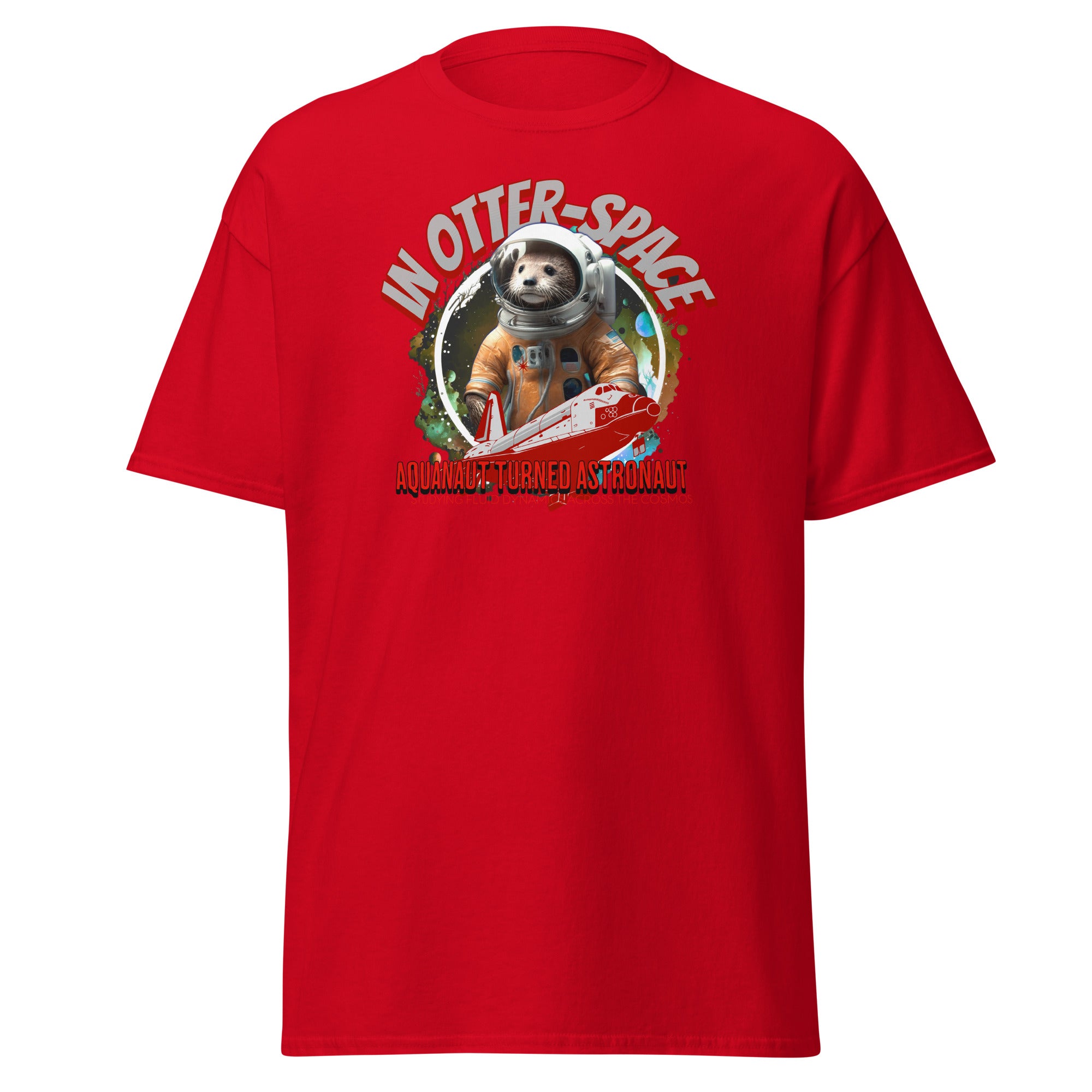 Red t-shirt featuring an otter astronaut in an orange spacesuit with "In Otter Space: Aquanaut Turned Astronaut" text and space design.