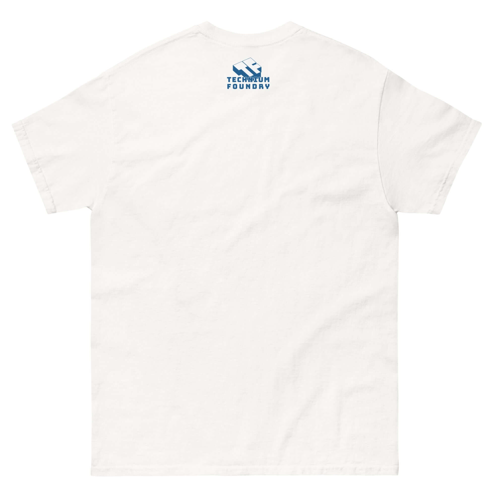 Back view of white t-shirt featuring subtle Technum Foundry logo on top center.