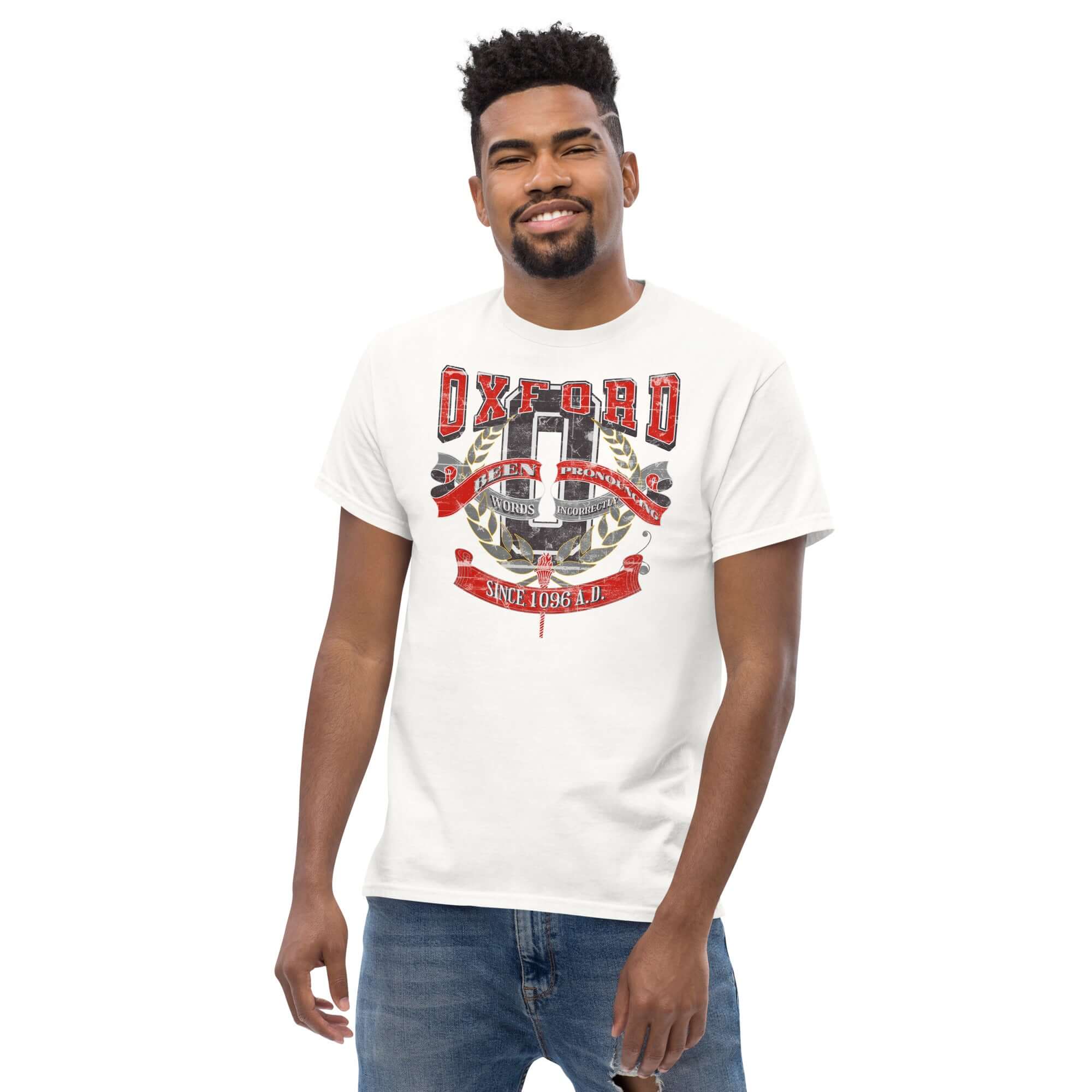 Oxford Pronunciation Parody T-Shirt featuring academic satire humor and vintage design worn by smiling model.