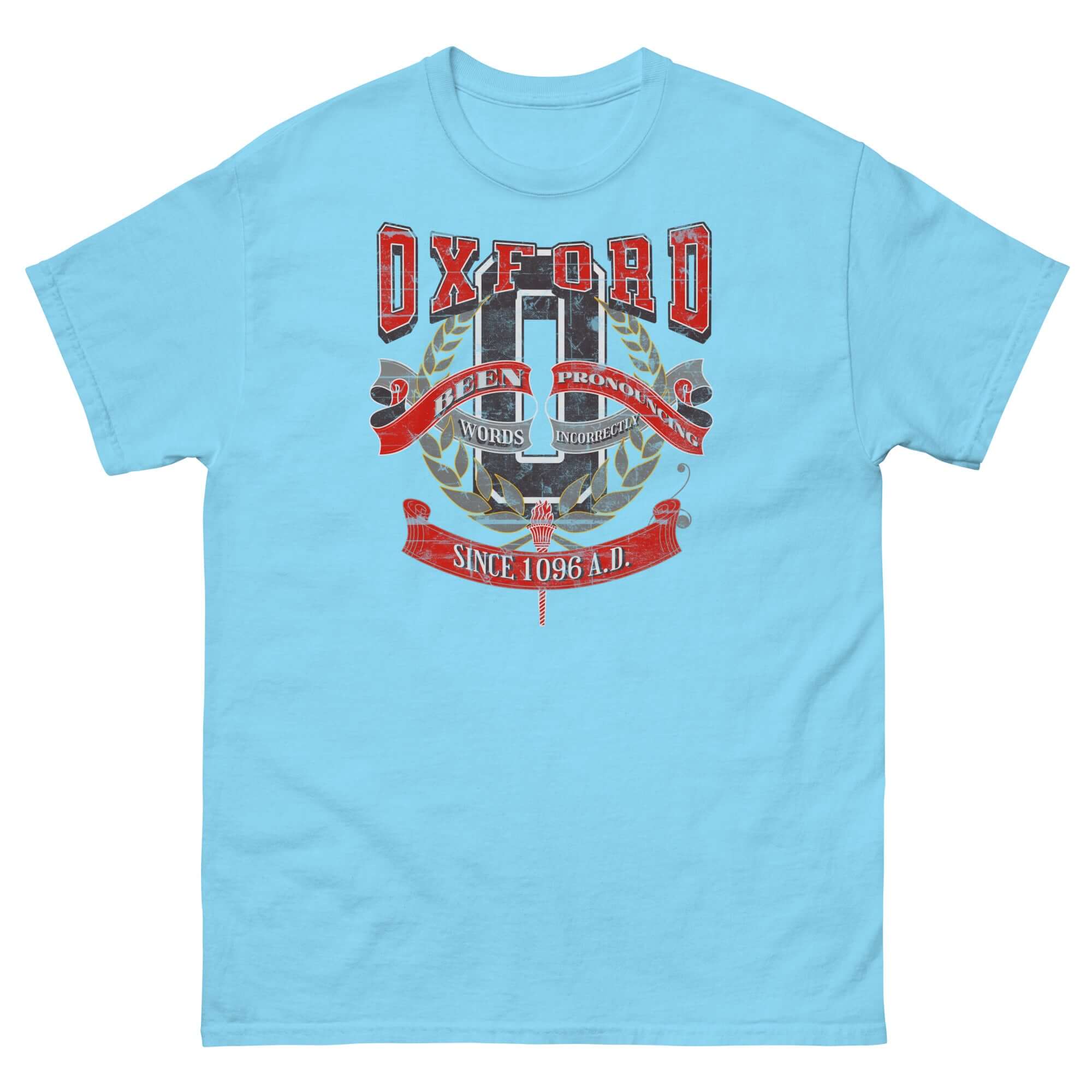 Oxford Pronunciation Parody T-Shirt in light blue featuring academic satire design for education humor enthusiasts.