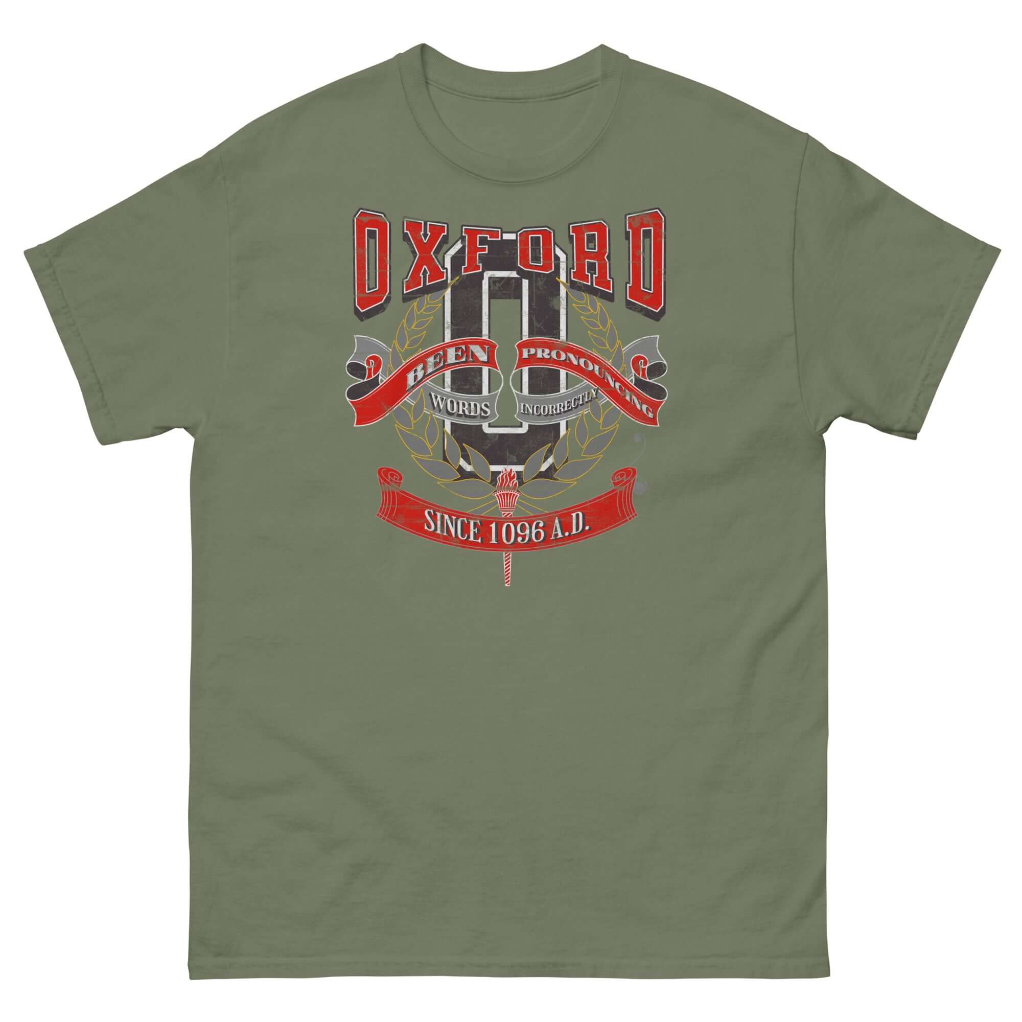 Oxford pronunciation parody t-shirt, academic satire apparel with humorous historical design featuring crest and text 'Since 1096 A.D.'