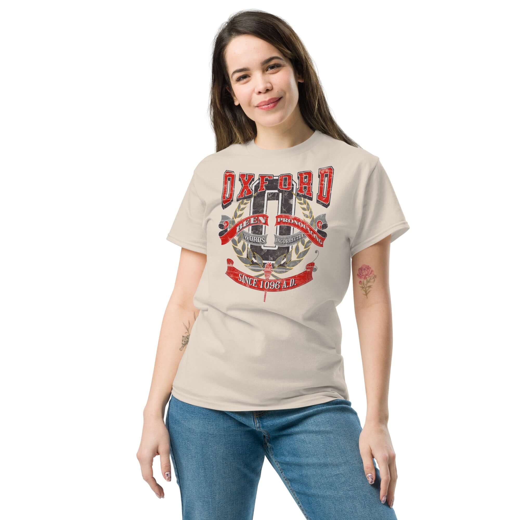 Woman wearing Oxford pronunciation parody t-shirt, featuring academic satire design, perfect for elite education humor enthusiasts.
