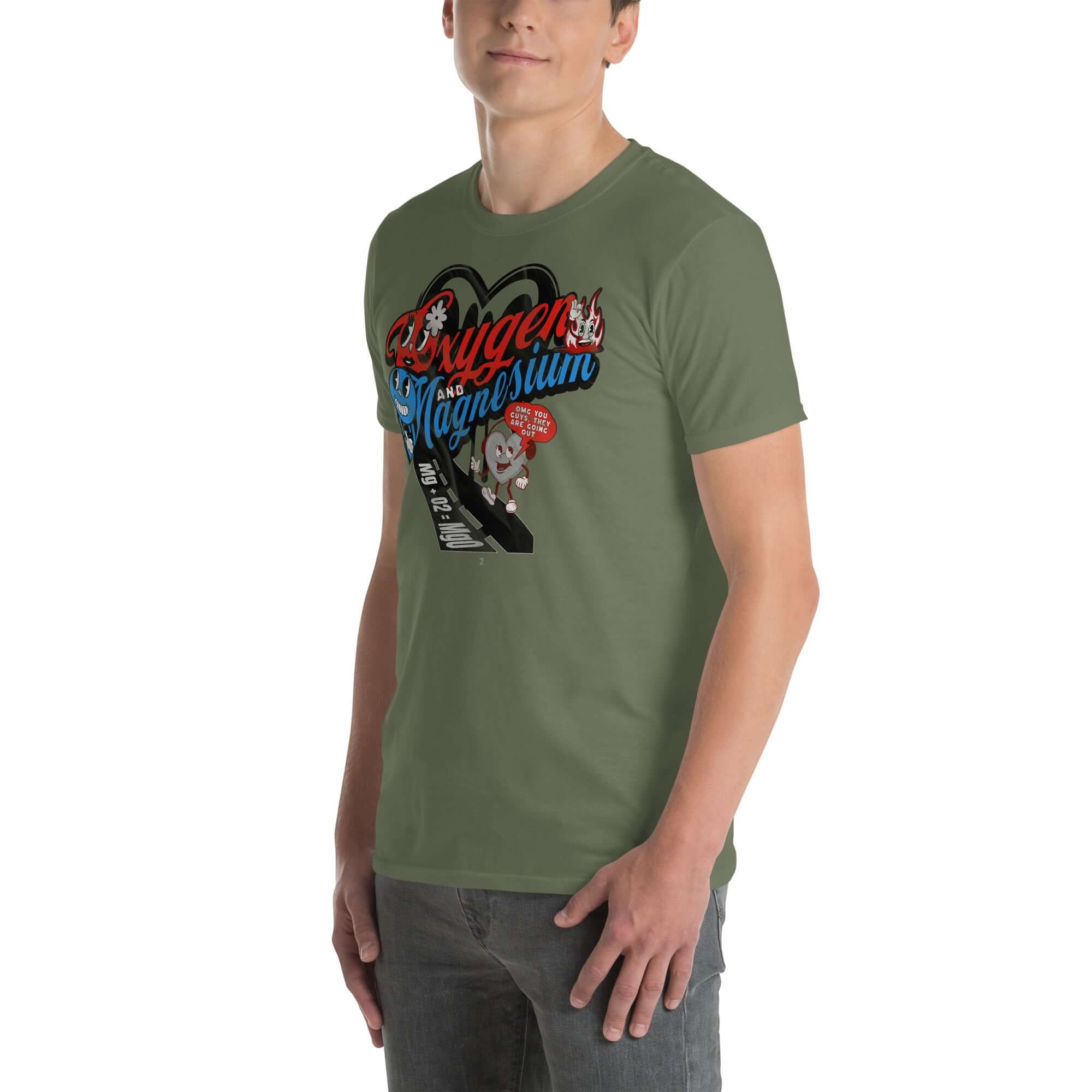 Man wearing green t-shirt with Oxygen and Magnesium OMG chemistry love story design showcasing a playful science-themed graphic.