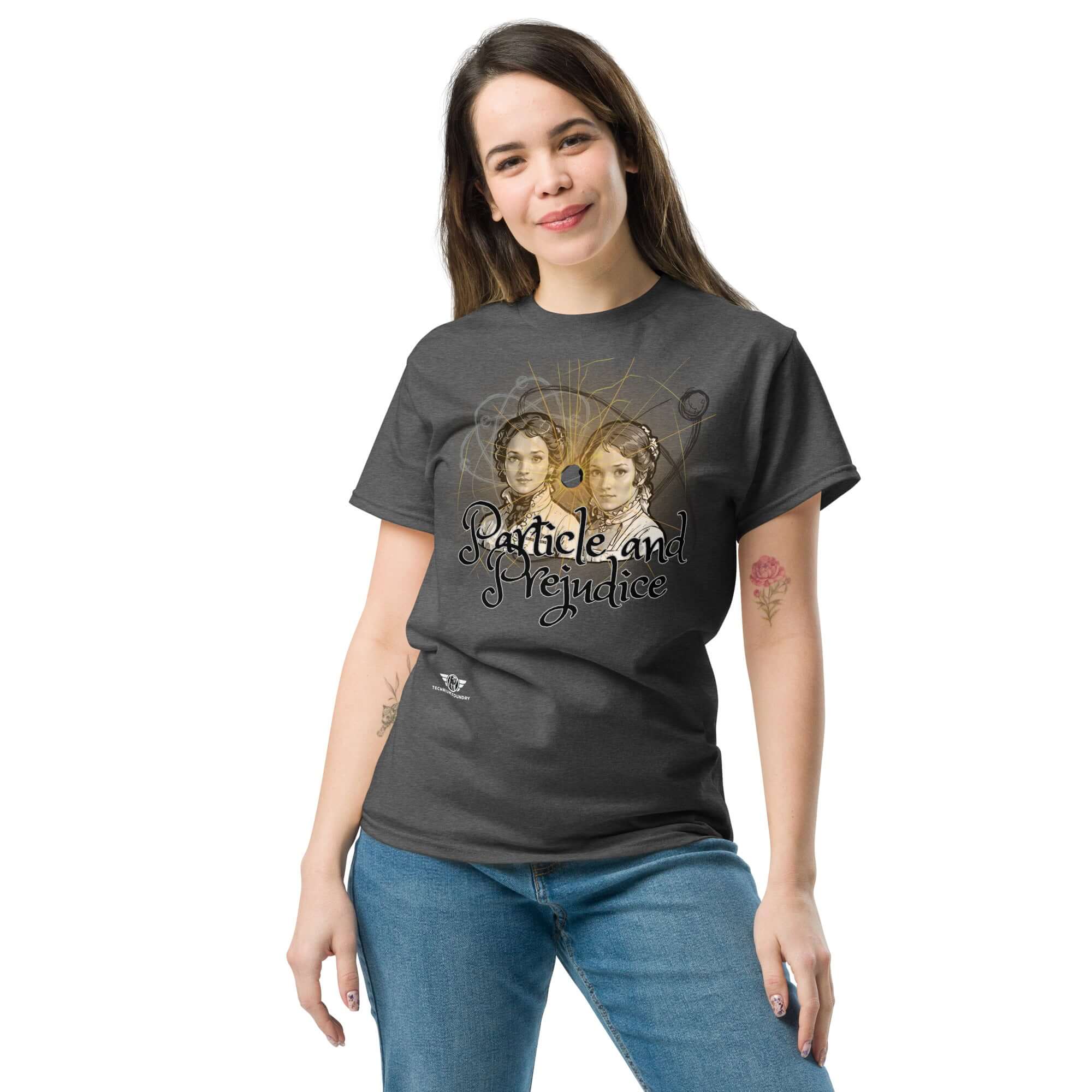 Woman wearing Particle and Prejudice T-shirt combining classic romance with quantum science in a unique design.
