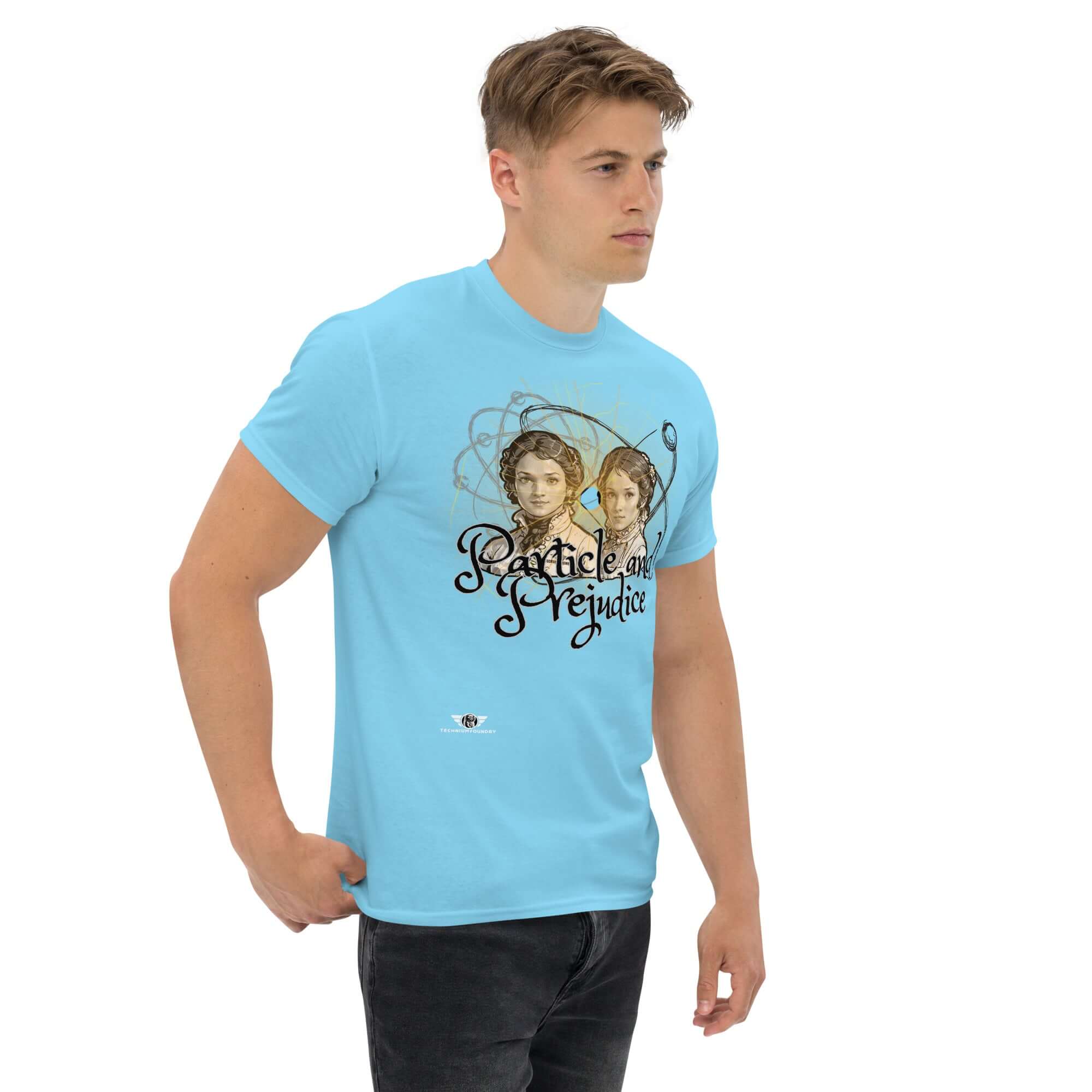 Man wearing Particle and Prejudice Literature & Physics Fusion T-Shirt featuring Jane Austen's characters with a quantum twist.