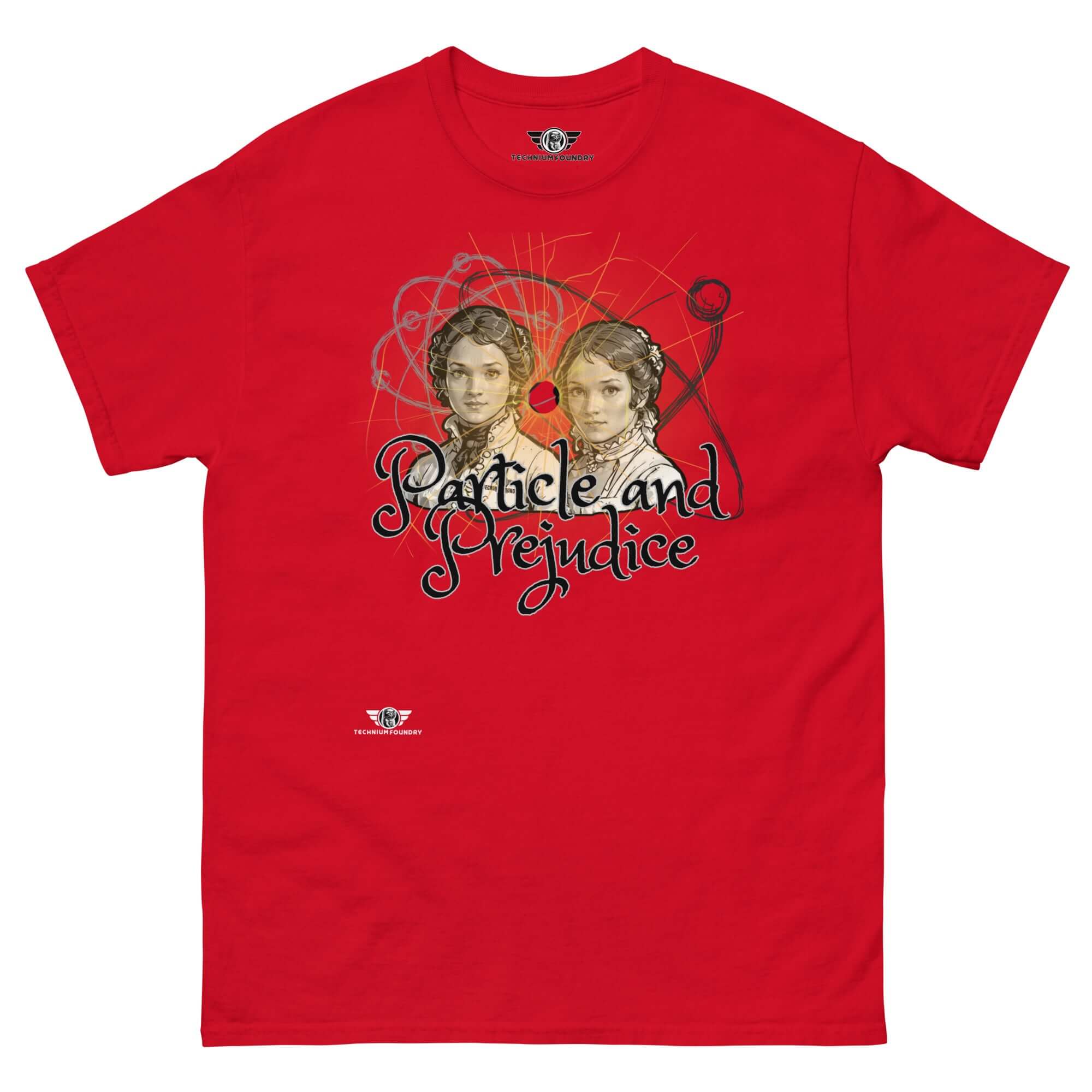 Red "Particle and Prejudice" t-shirt blending classic literature and physics, featuring artistic design inspired by Jane Austen characters.