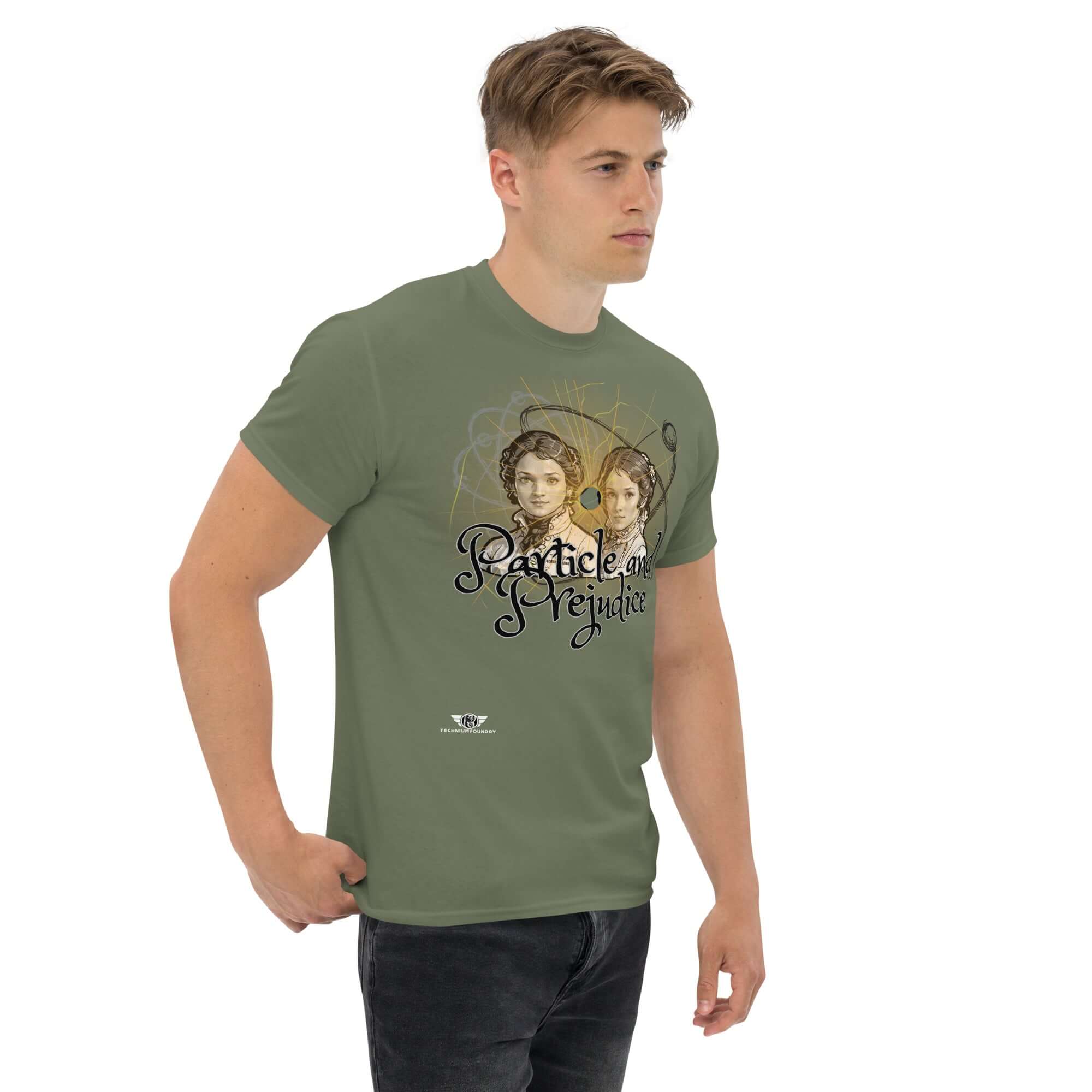 Particle and Prejudice t-shirt blending Regency romance with quantum science worn by a model, fusion of literature and physics design.