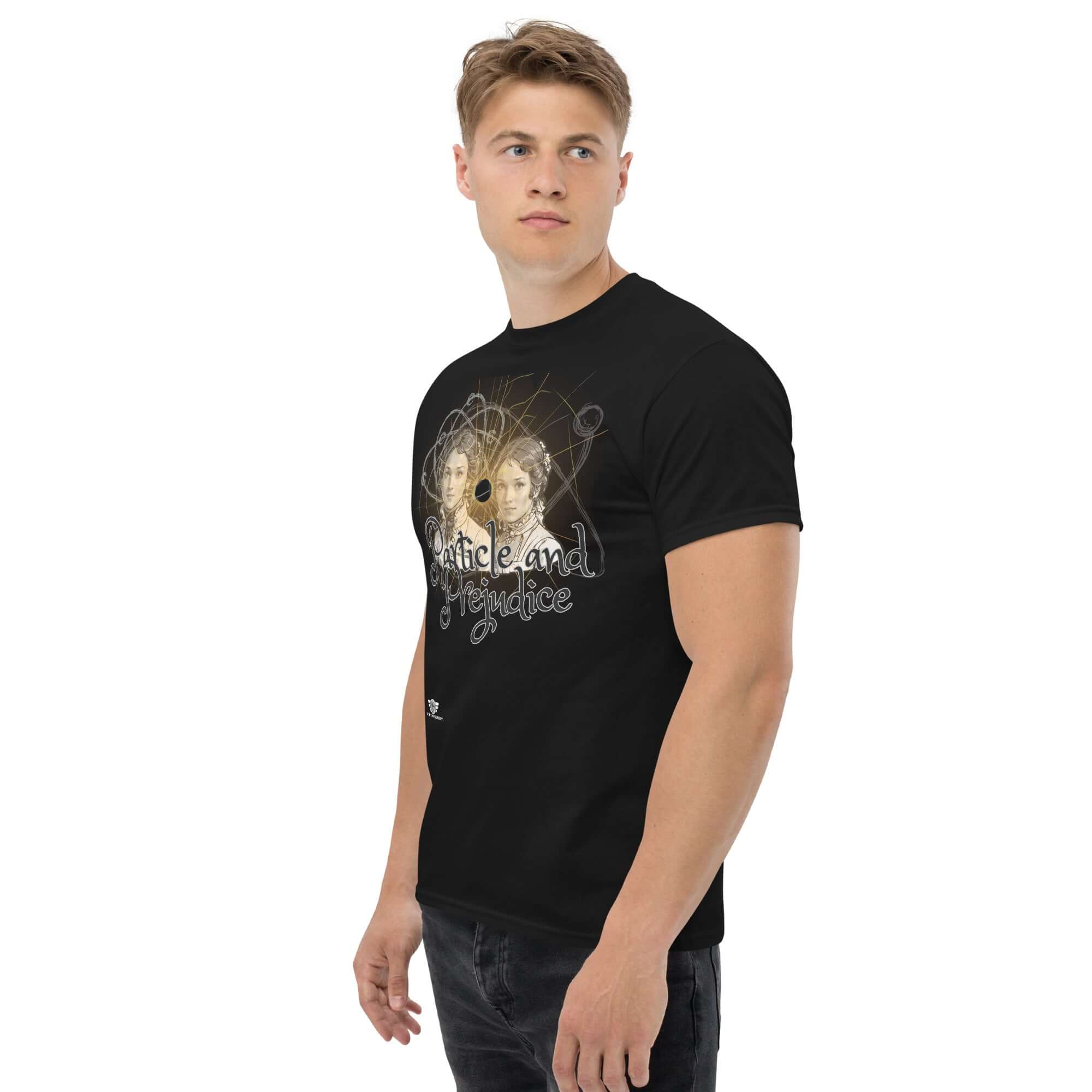 Man wearing Particle and Prejudice T-shirt blending classic literature with quantum physics themes in a stylish black design.
