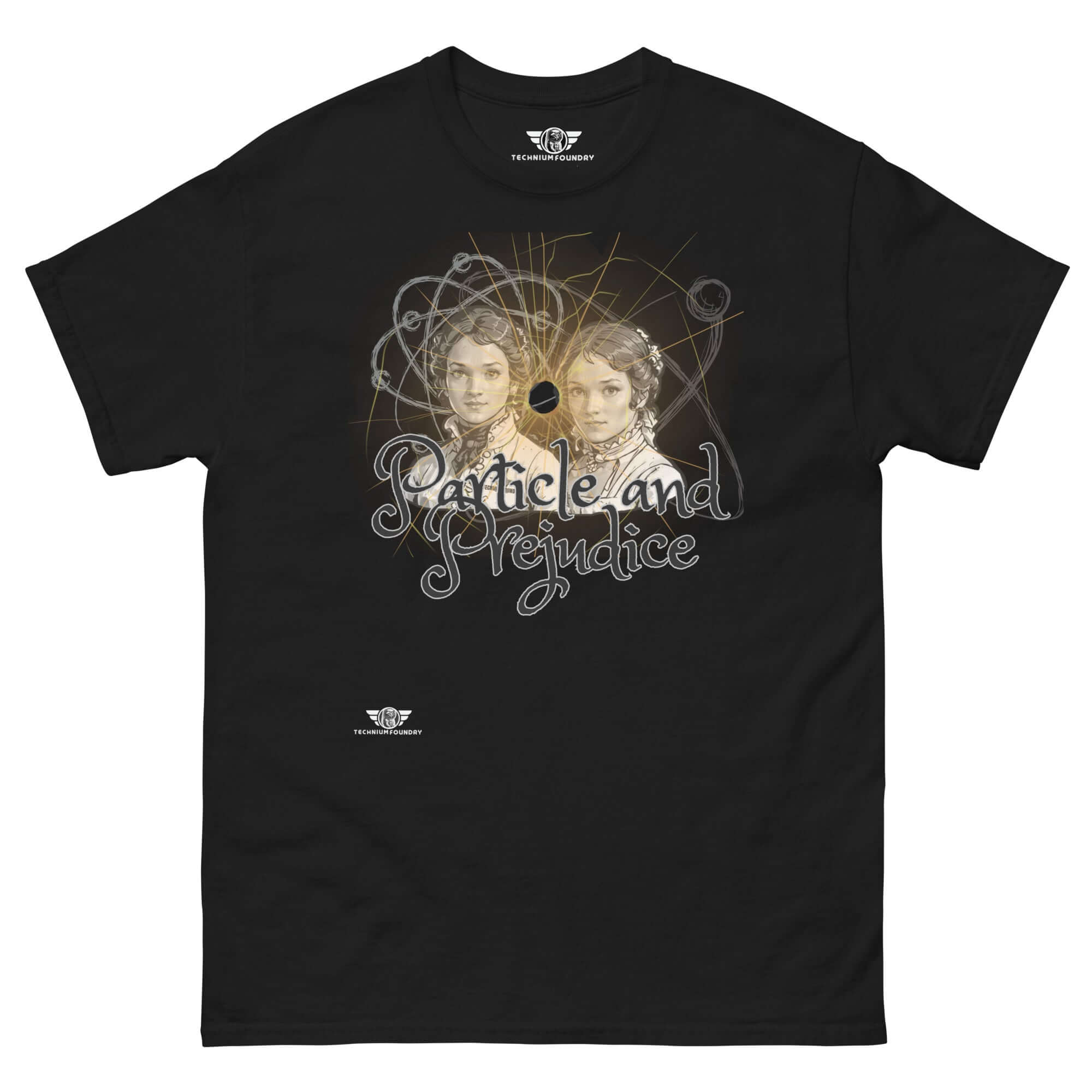 Black "Particle and Prejudice" t-shirt featuring a fusion of Jane Austen characters and quantum physics elements.