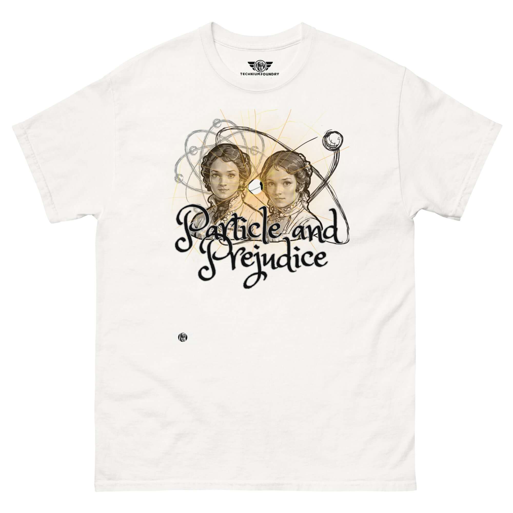 White t-shirt featuring 'Particle and Prejudice' design merging Jane Austen characters with quantum physics elements.