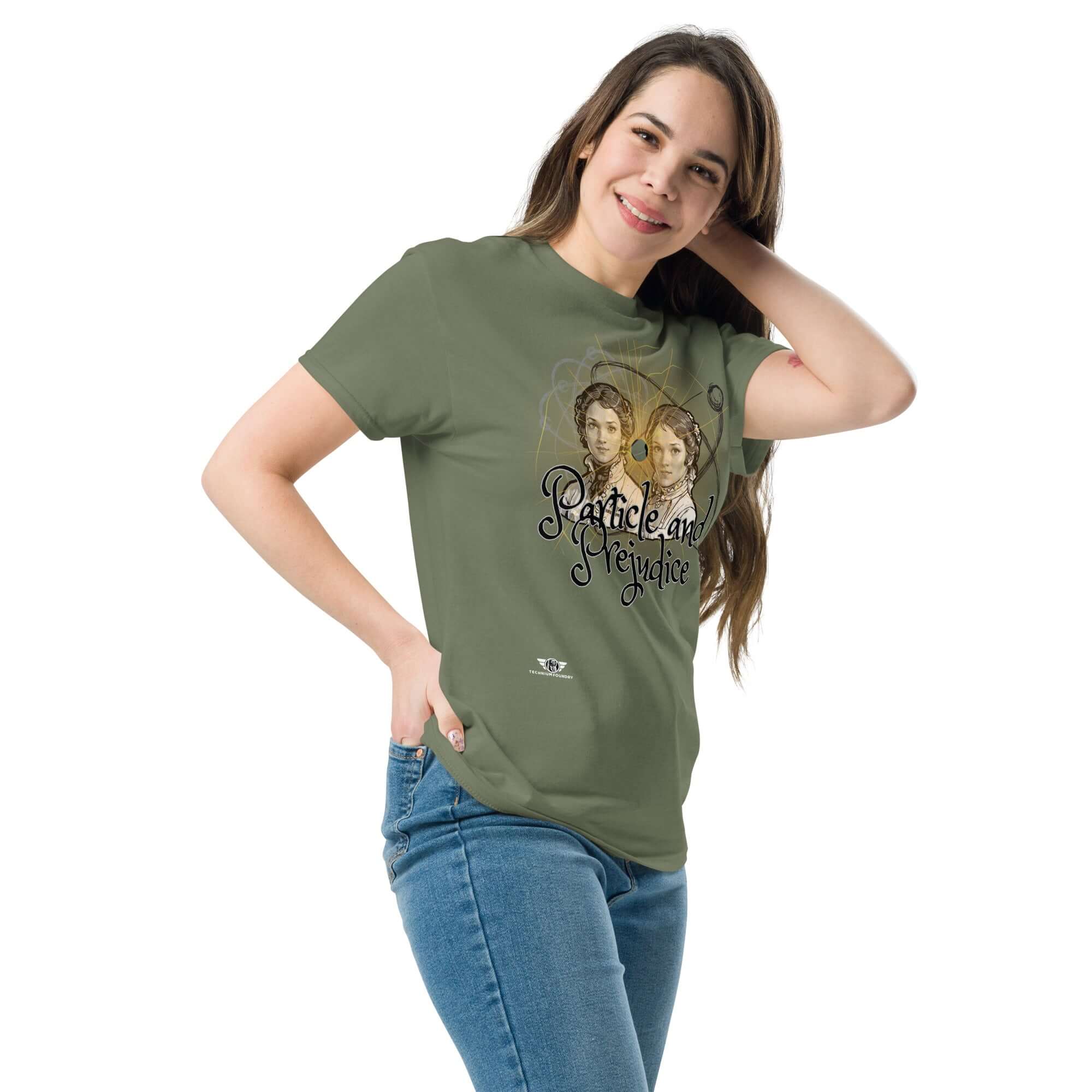 Woman wearing Particle and Prejudice T-shirt, featuring fusion of literature and physics design on olive green fabric.