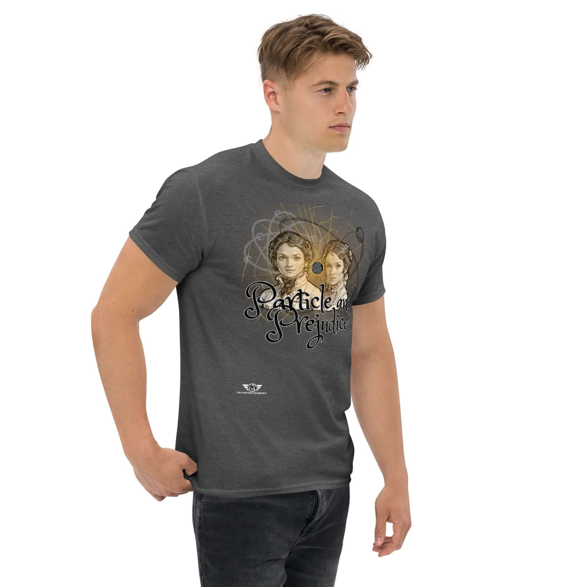 Man wearing 'Particle and Prejudice' literature and physics fusion t-shirt, blending classic romance with quantum science design.