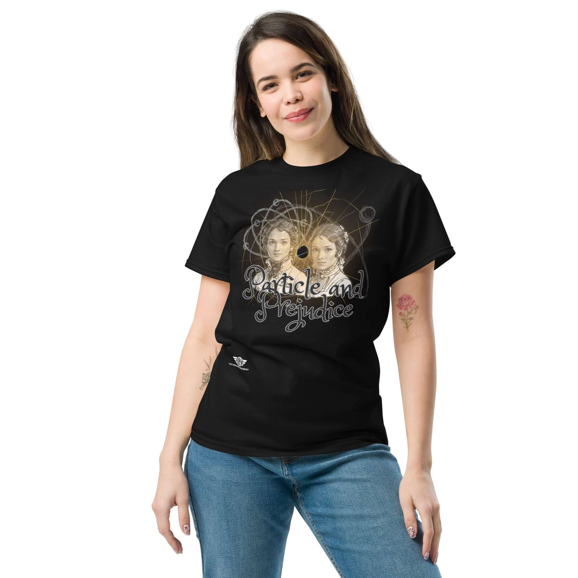Woman wearing Particle and Prejudice Literature & Physics Fusion T-Shirt, blending classic romance with quantum science design.
