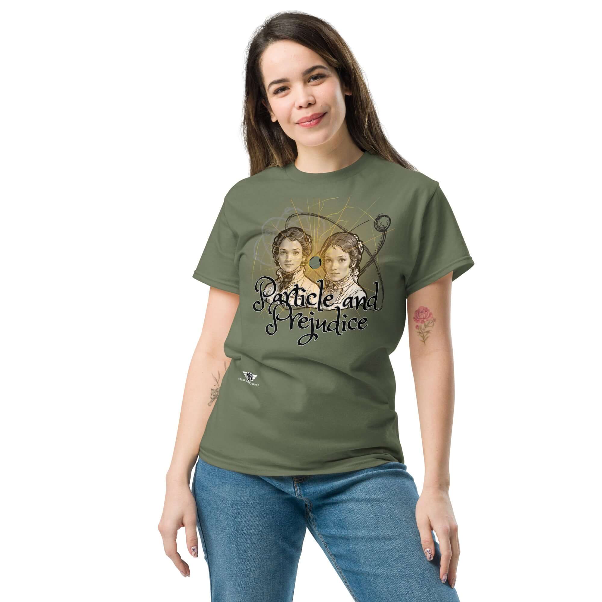 Woman wearing Particle and Prejudice t-shirt, blending Regency romance and quantum science in unique design.