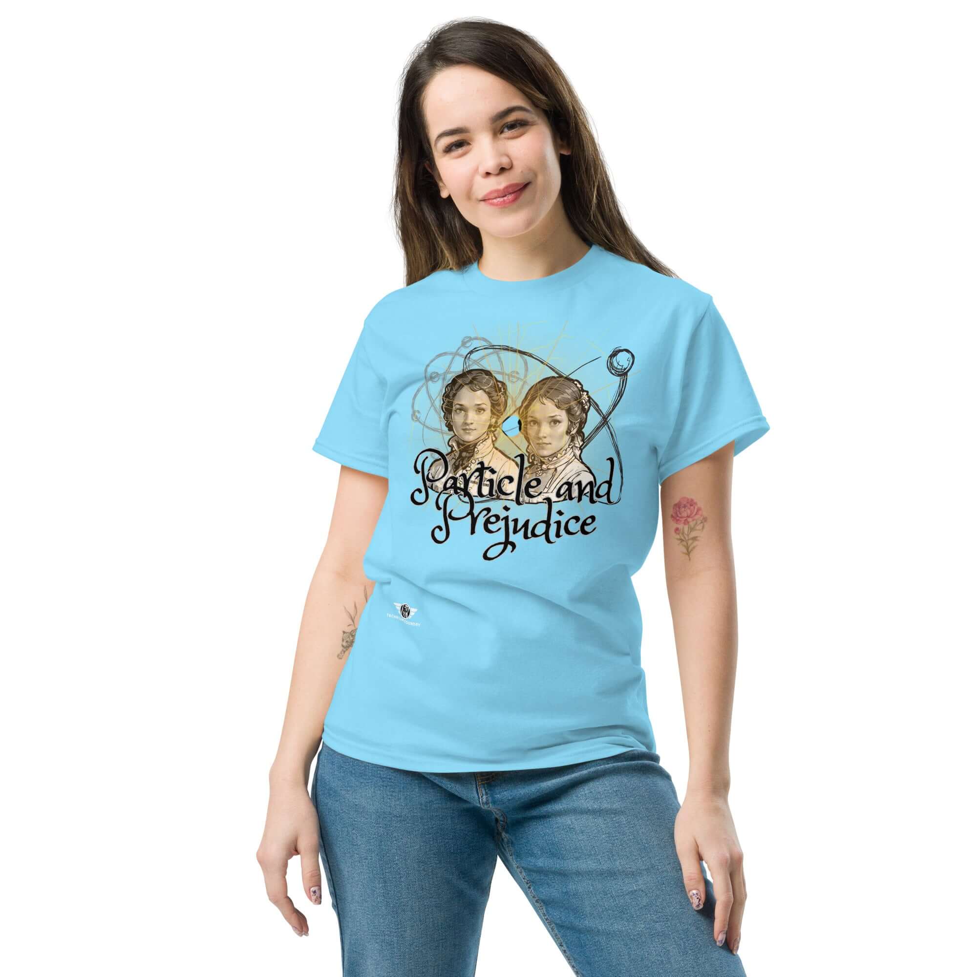 Woman wearing 'Particle and Prejudice' t-shirt blending literature and physics with Regency romance theme.