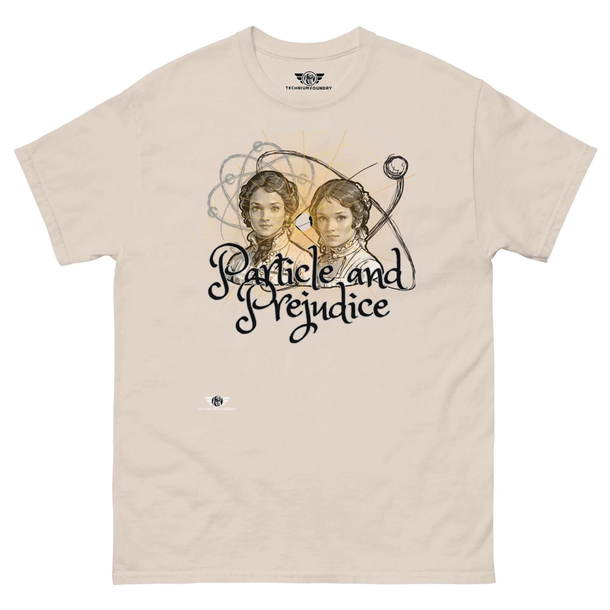 Particle and Prejudice T-Shirt featuring Regency romance and quantum physics design. Literature meets science in this unique artwork.