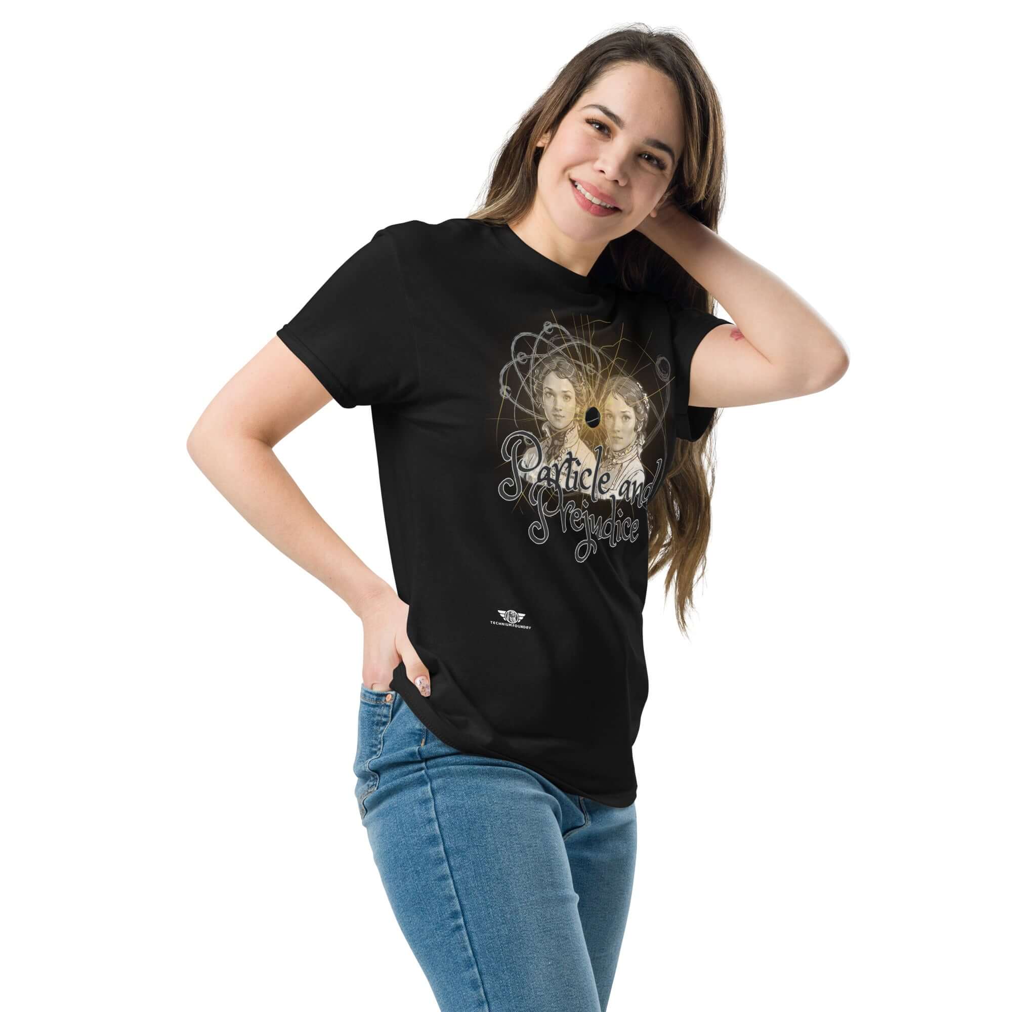 Woman wearing Particle and Prejudice T-shirt blending literature and quantum physics with a unique design.