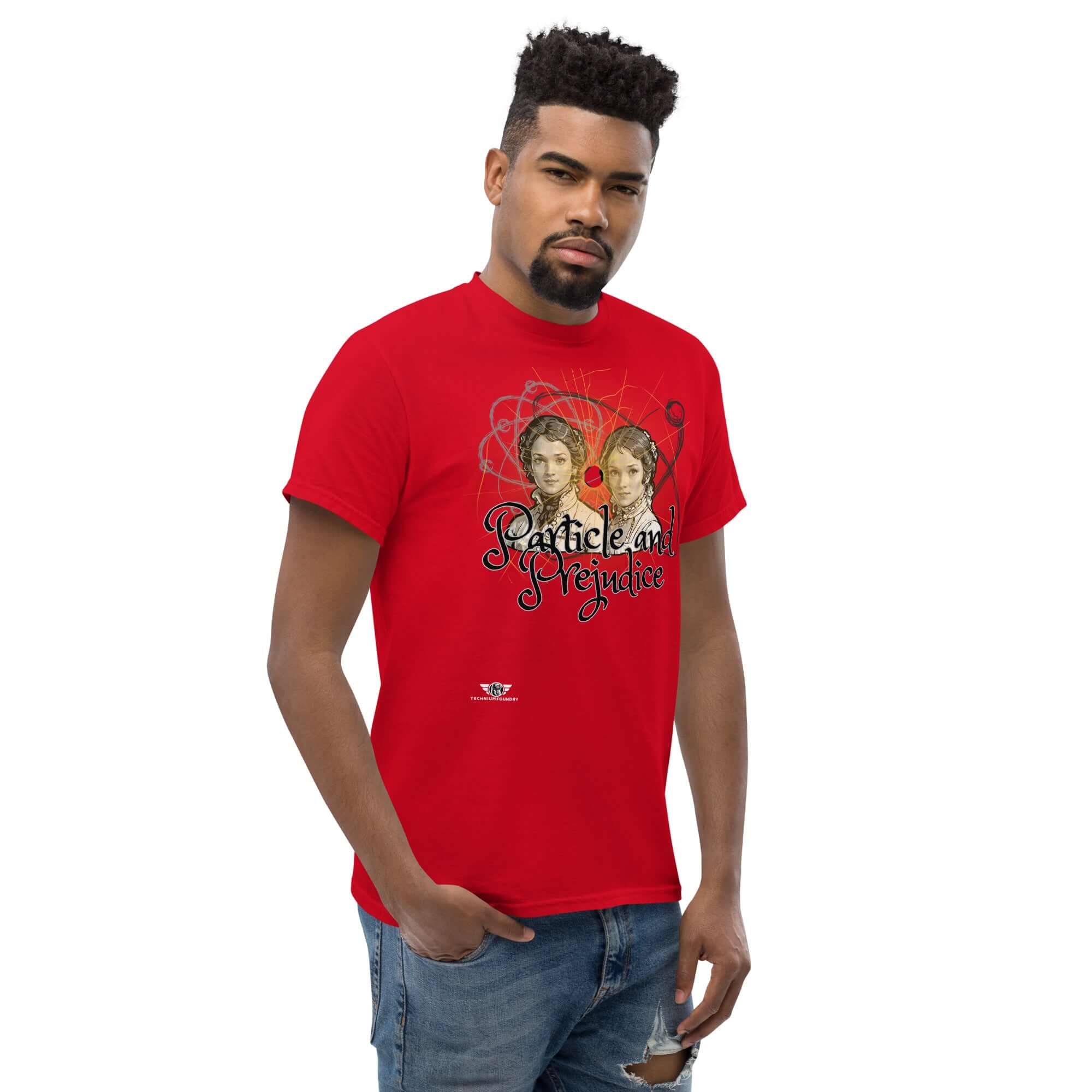 Man wearing red 'Particle and Prejudice' t-shirt featuring a fusion of literature and quantum physics design