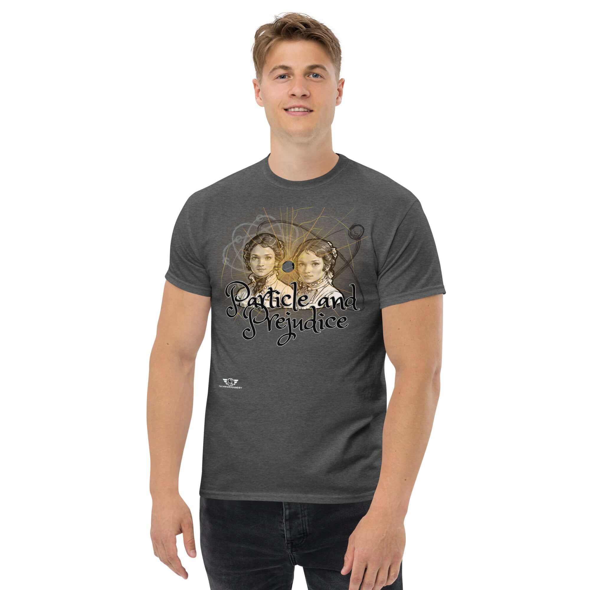 Man wearing Particle and Prejudice T-shirt featuring classic romance and quantum science fusion design.