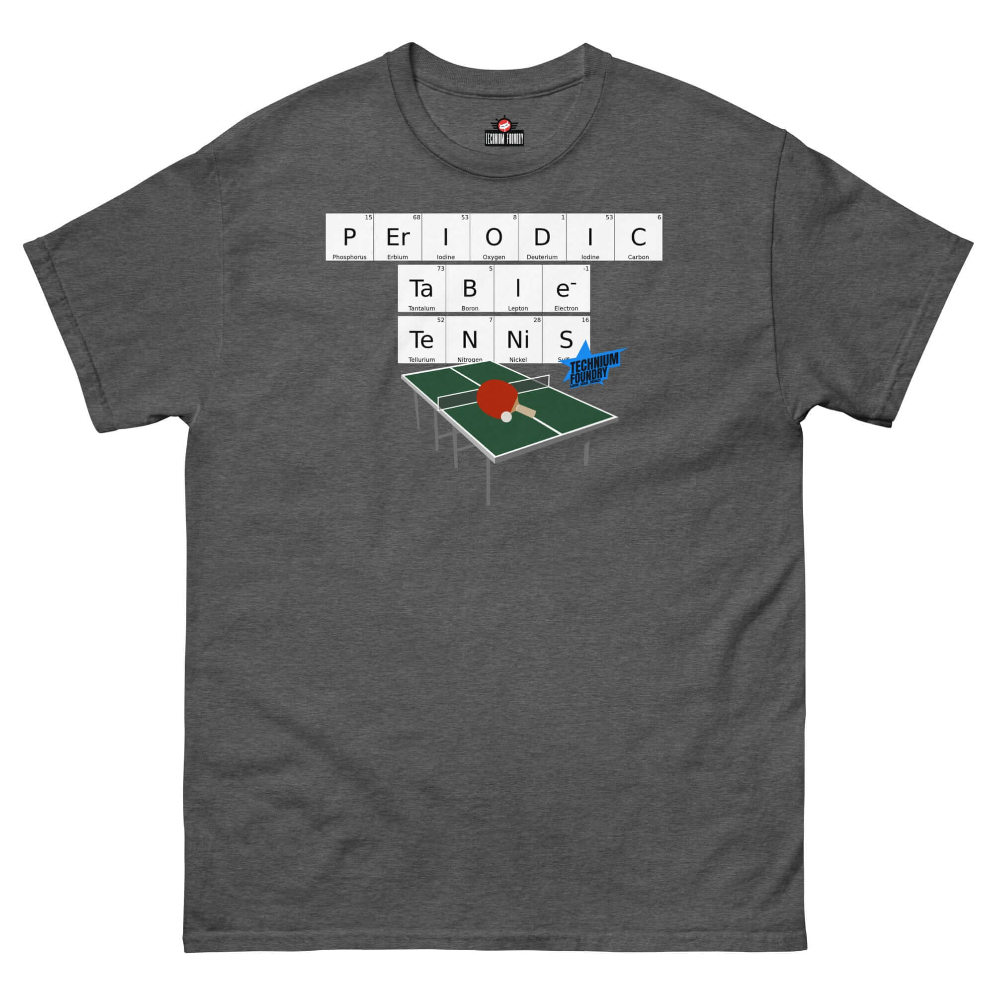 "Periodic Table Tennis T-Shirt by Technium Foundry featuring a fun chemistry and ping pong design on premium cotton."