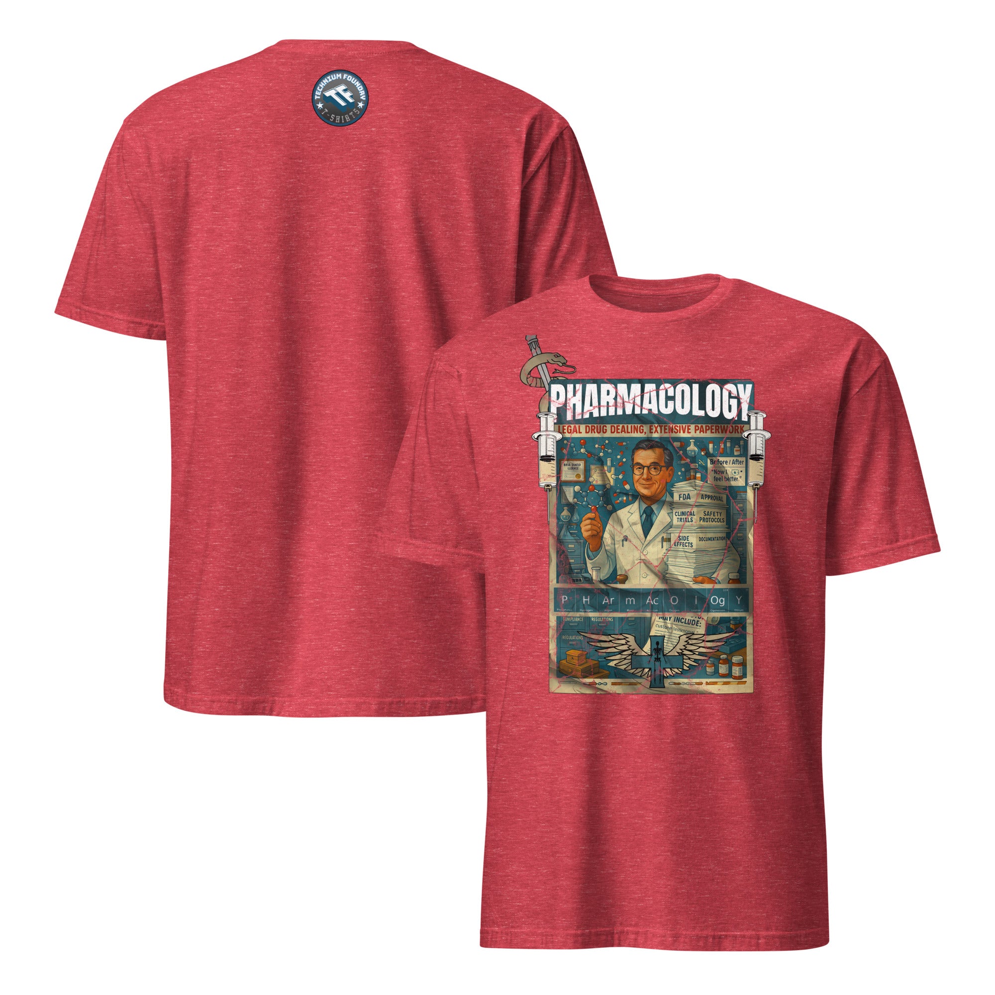 Vintage Pharmacology T-Shirt featuring legal drug dealing and extensive paperwork theme in retro design.