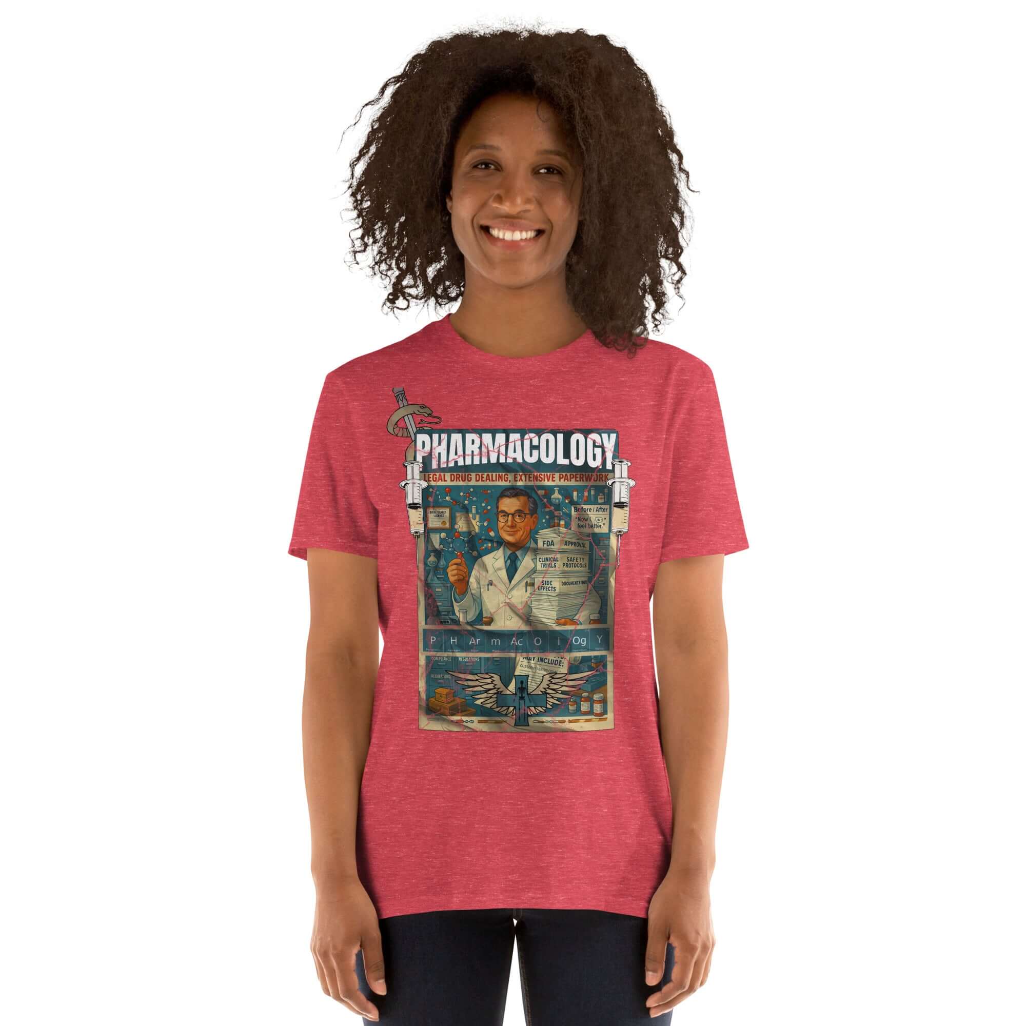 Person wearing a red Pharmacology T-Shirt with vintage design, captioned 'Legal Drug Dealing, Extensive Paperwork' for pharmaceutical humor.