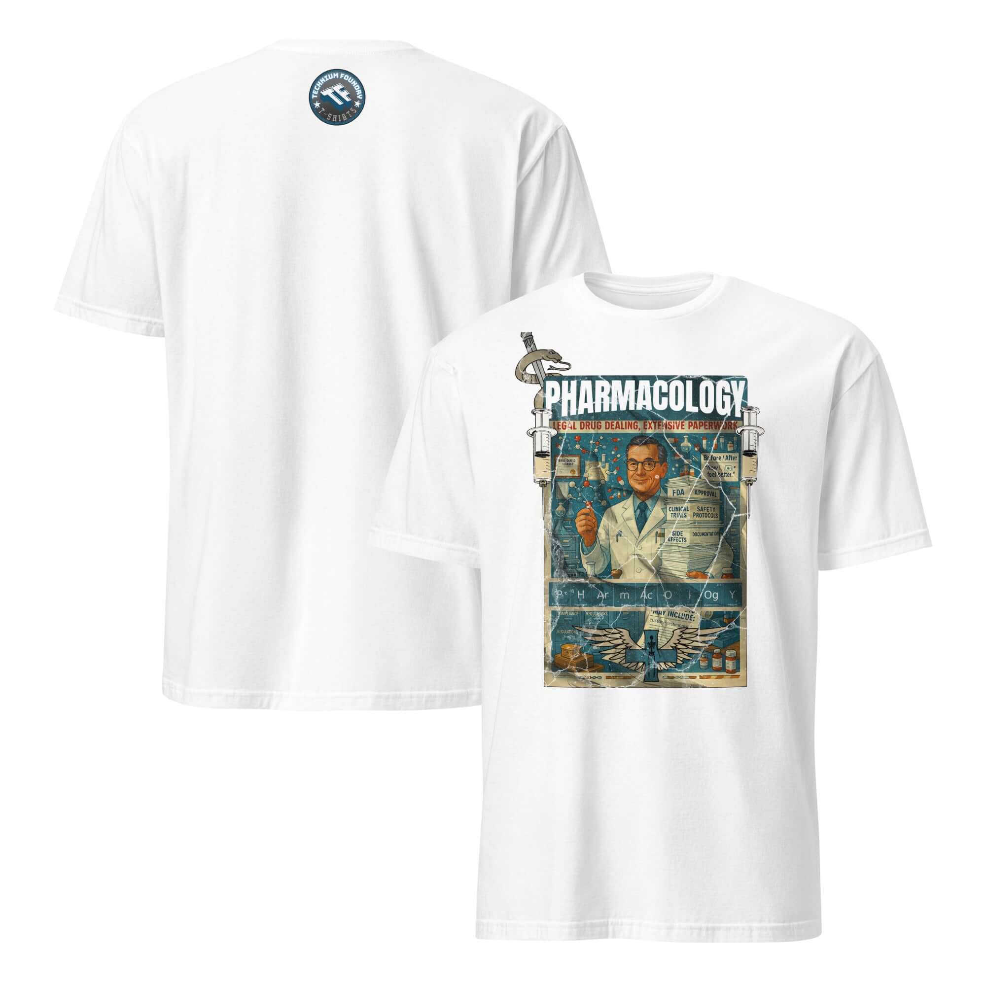 Pharmacology T-Shirt featuring vintage design with legal drug dealing theme and extensive paperwork illustration.