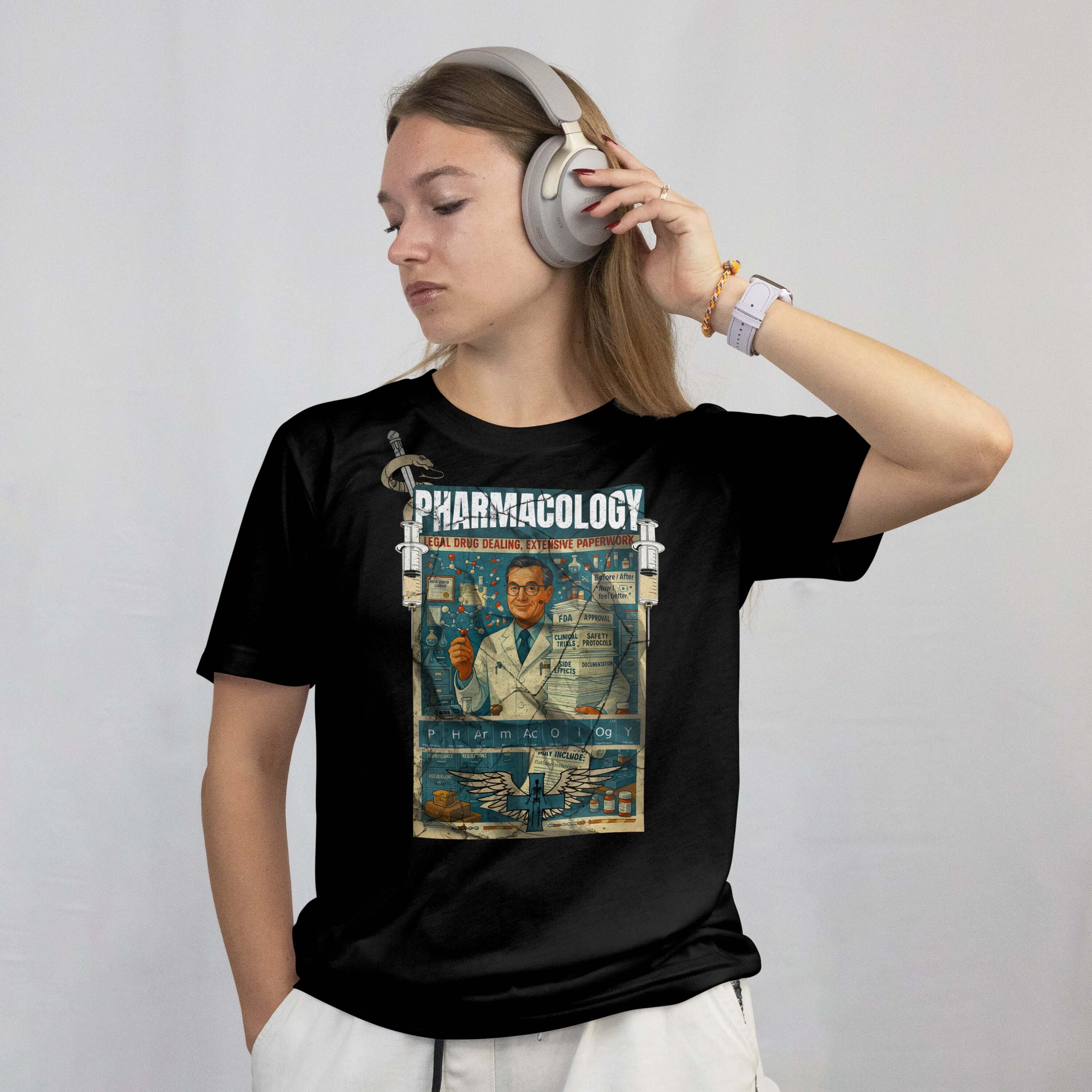 Woman wearing Pharmacology T-shirt with vintage drug dealing advertisement design, celebrating the pharmaceutical profession.