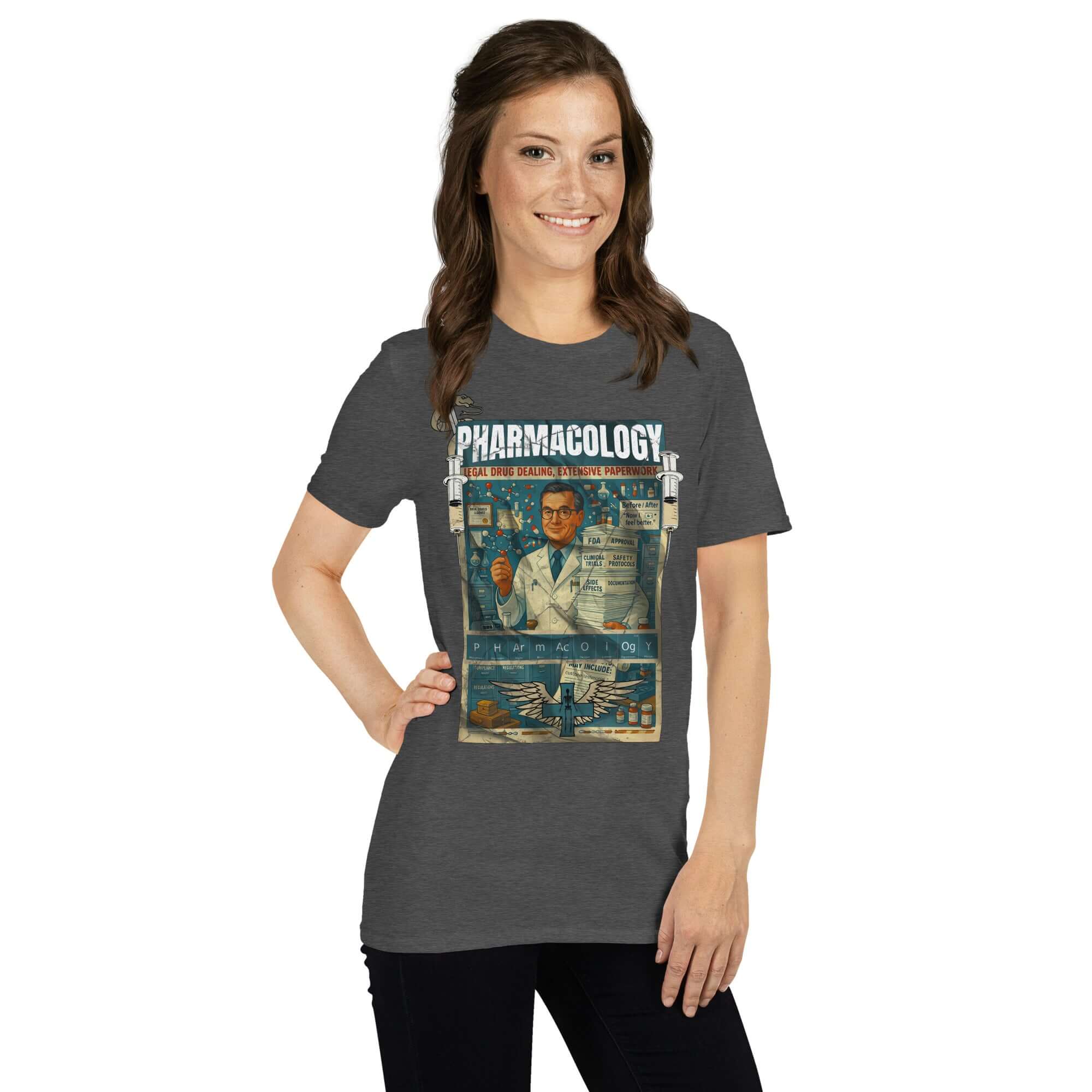 Woman wearing a vintage pharmacology t-shirt with 'Legal Drug Dealing' slogan, highlighting pharmaceutical career humor.