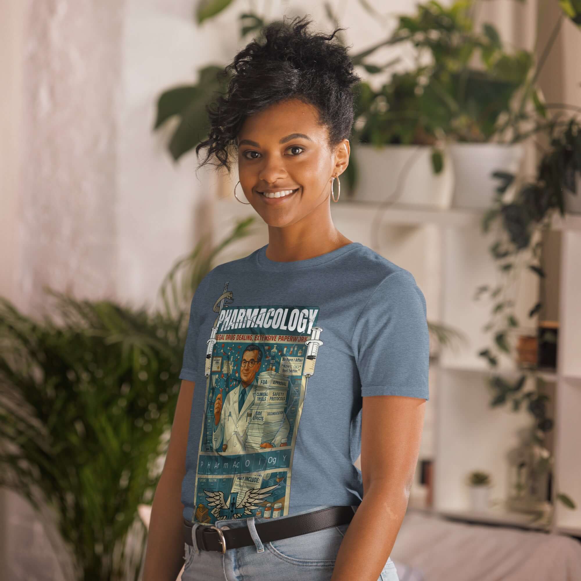 Person wearing a Pharmacology T-Shirt featuring a vintage pharmaceutical design, celebrating legal drug dealing and paperwork.