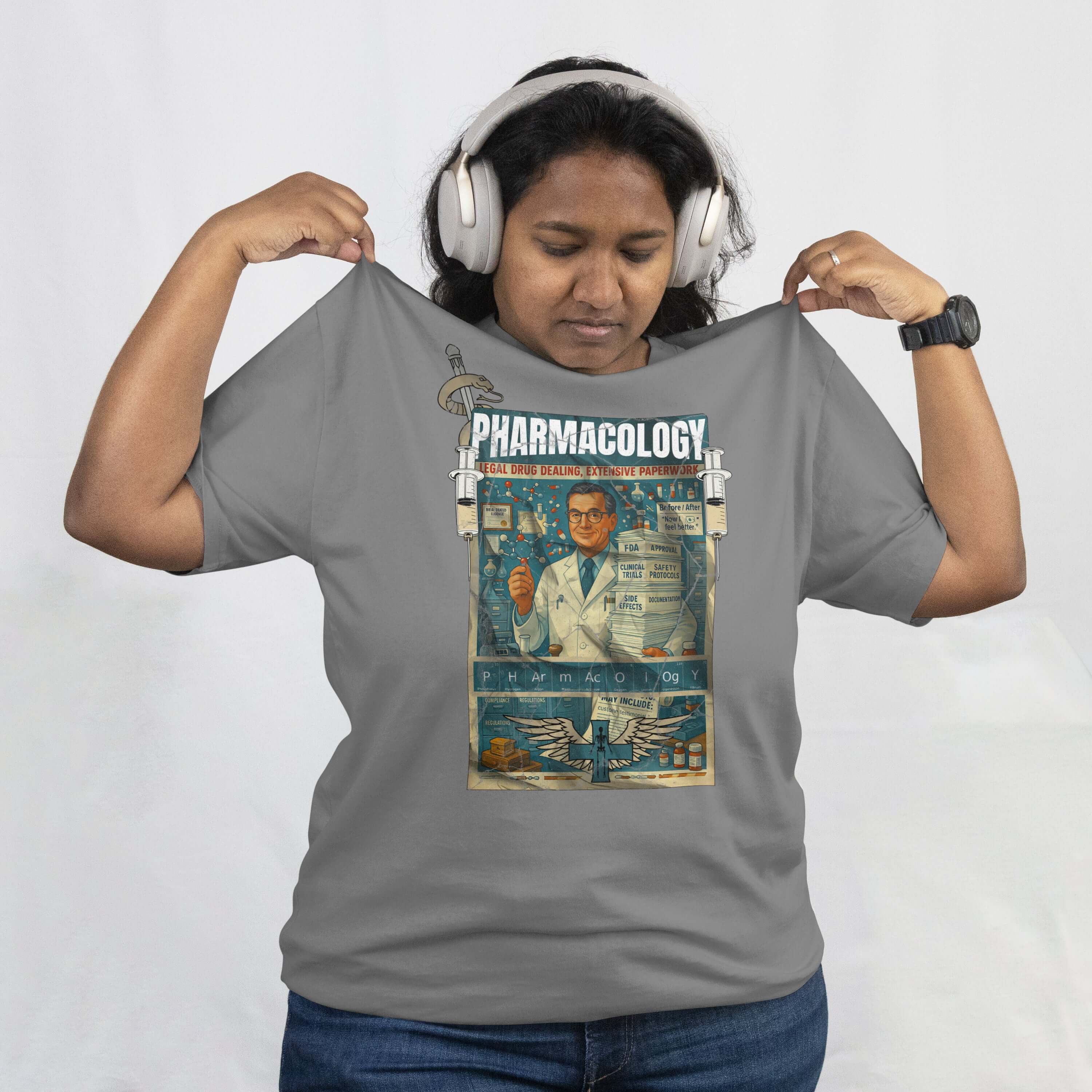 Pharmacology T-Shirt featuring retro pharmaceutical advertisement, worn by a person, headphones on, showcasing legal drug dealing theme.