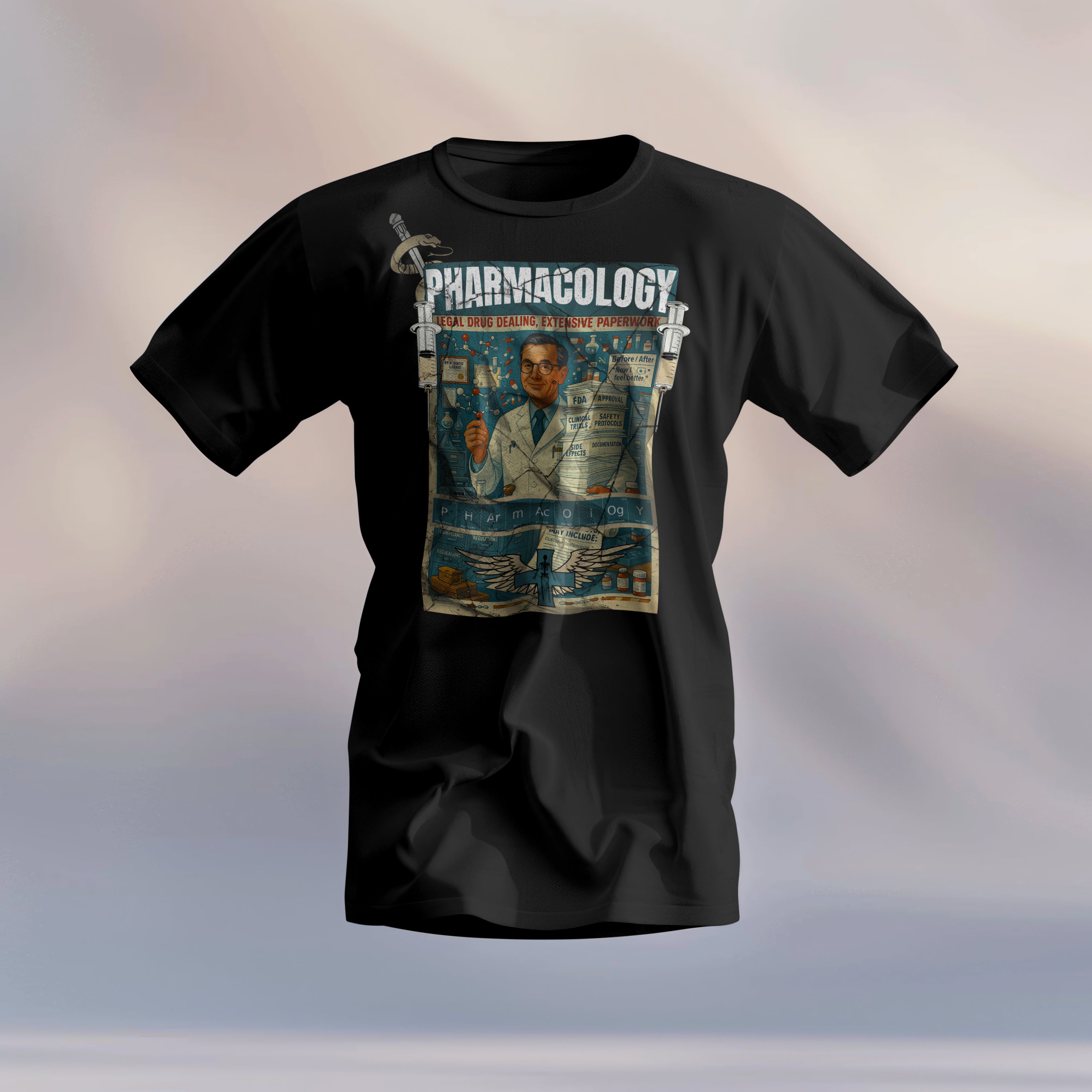 Pharmacology T-Shirt featuring vintage pharmaceutical design with "Legal Drug Dealing, Extensive Paperwork" theme.