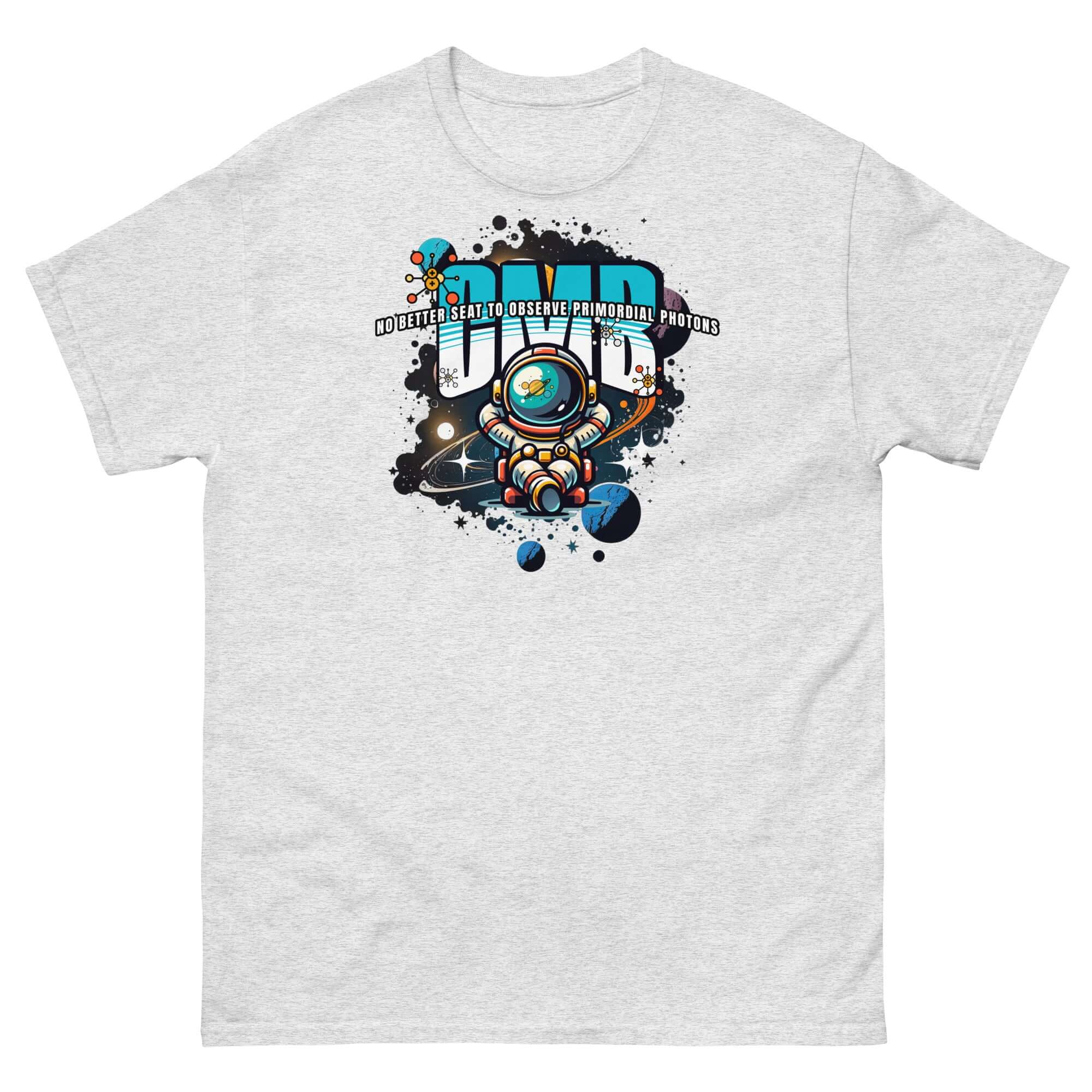 Primordial Photons Science T-Shirt with astronaut, planets, and graffiti-style cosmic design. Ideal for space enthusiasts.