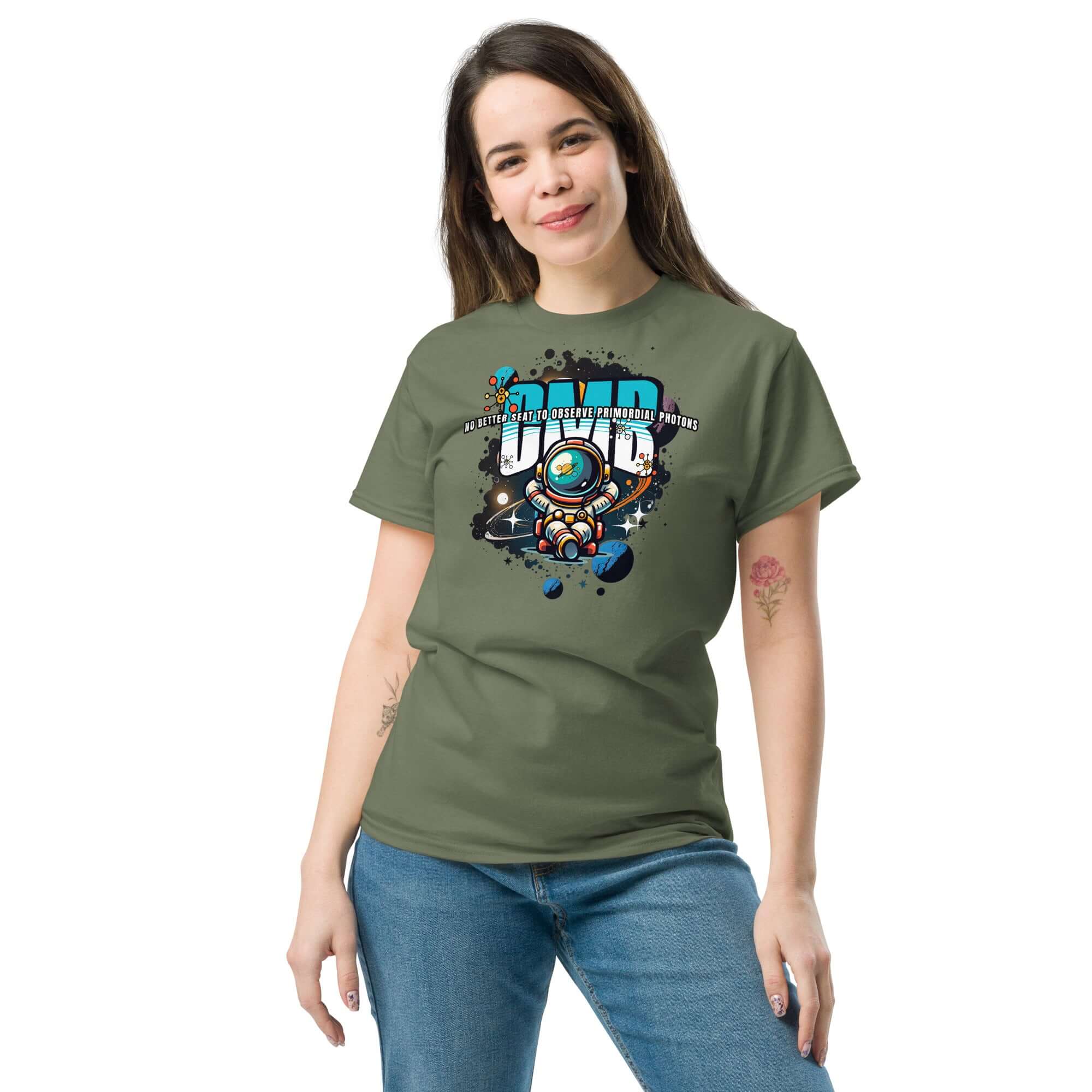 Woman wearing a Primordial Photons t-shirt featuring an astronaut in space with planets and graffiti text; ideal for space enthusiasts.
