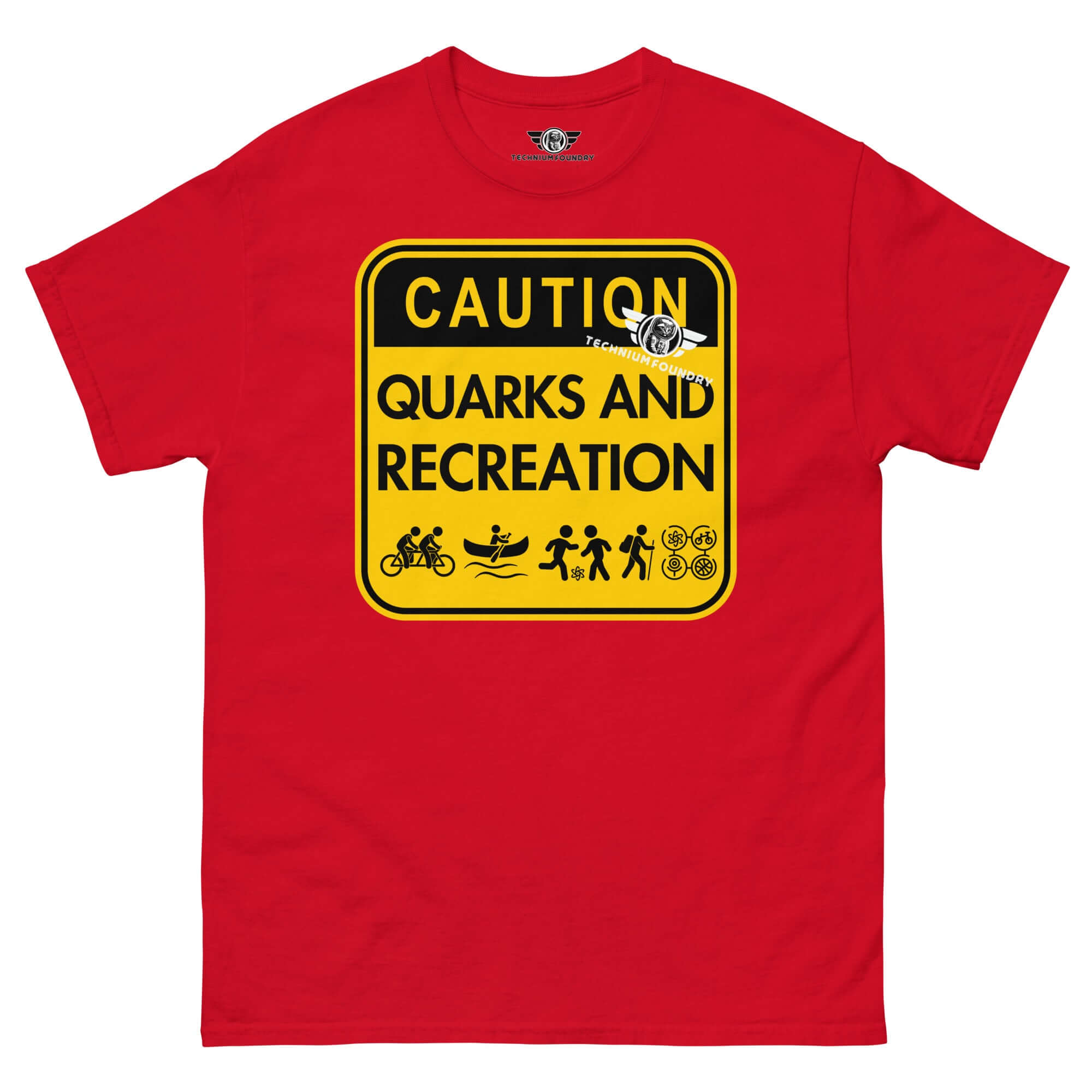 Caution Quarks and Recreation t-shirt with yellow and black warning sign design featuring particle physics and outdoor adventure icons.