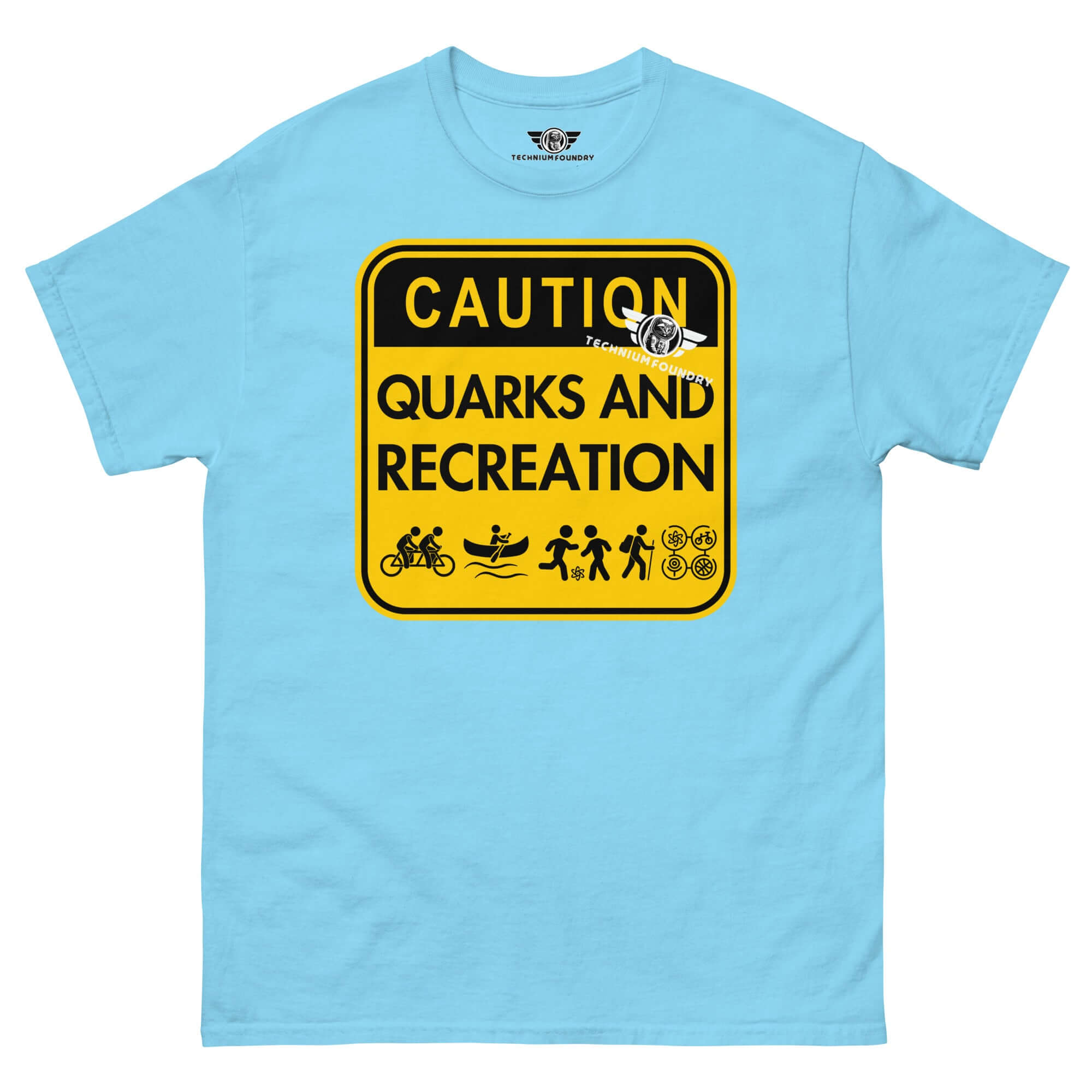 Light blue t-shirt with 'Quarks and Recreation' caution sign design blending particle physics and outdoor adventure humor.