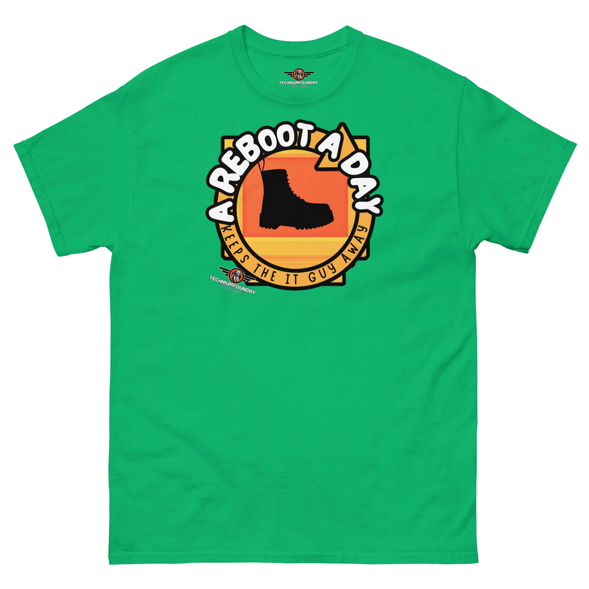 "A Reboot A Day" IT humor t-shirt featuring a combat boot design on a green shirt, perfect for tech support enthusiasts.