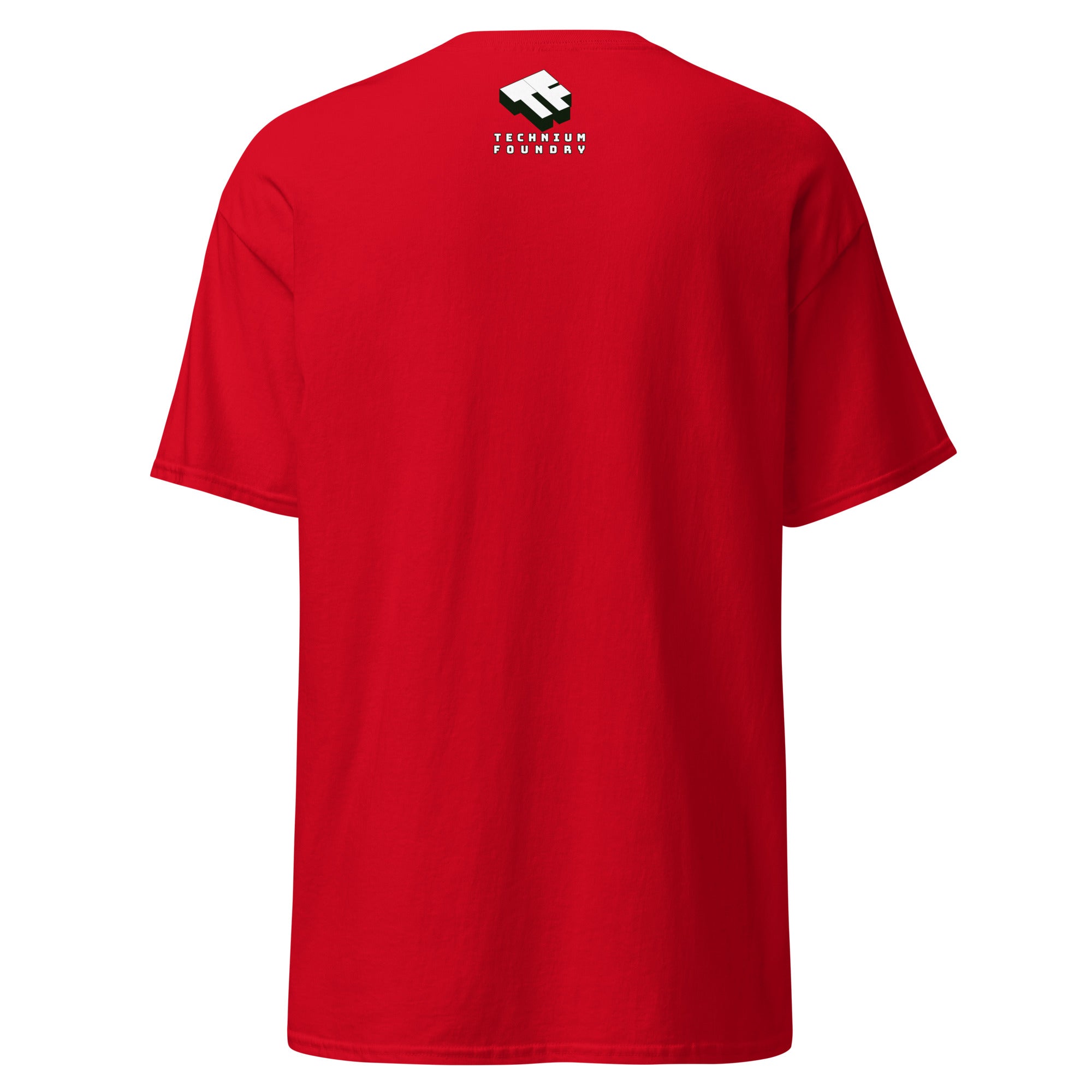 Back view of a red t-shirt with a small white and black logo near the neckline.