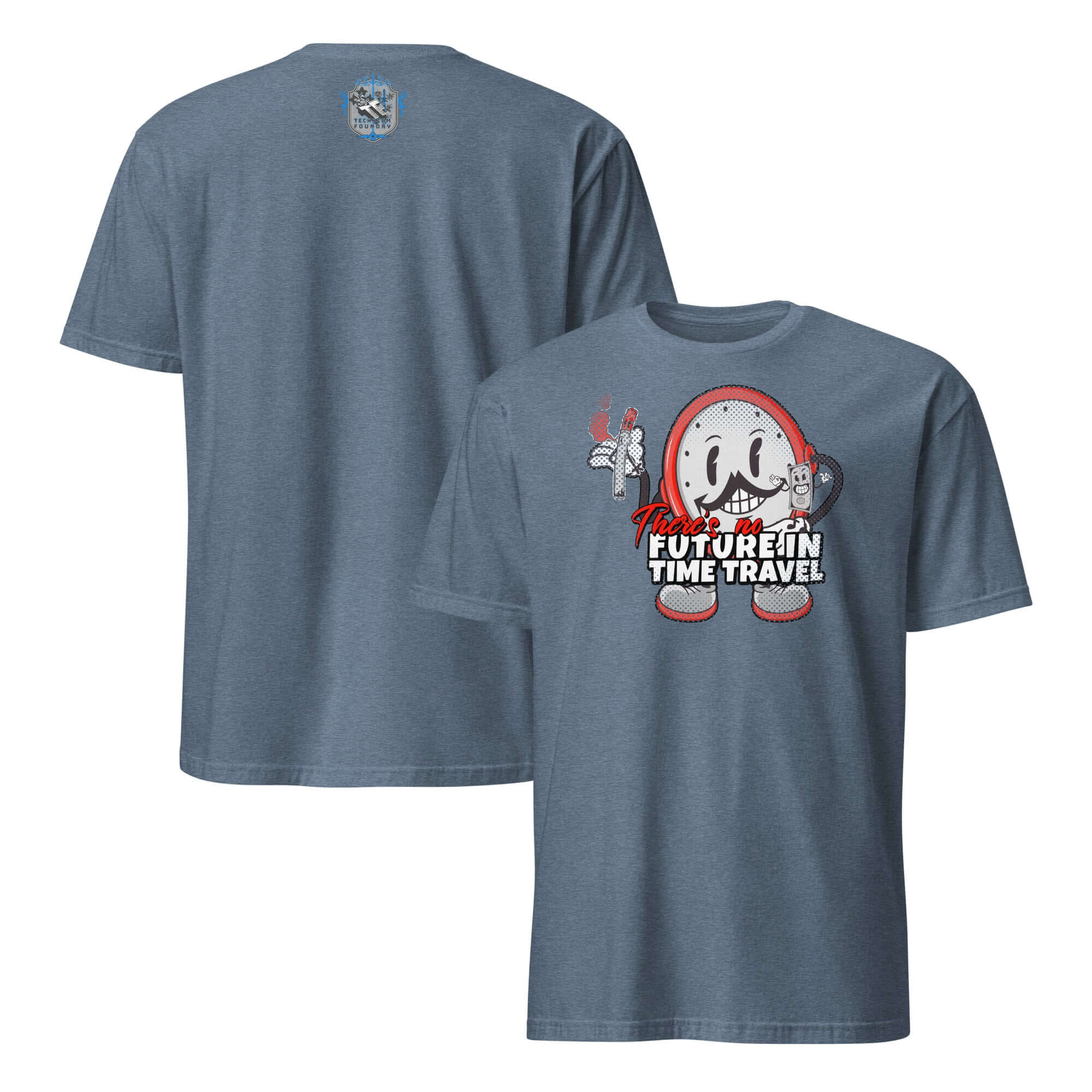 Retro gaming t-shirt with cartoon clock saying "There's No Future in Time Travel," featuring headphones and a cigarette.