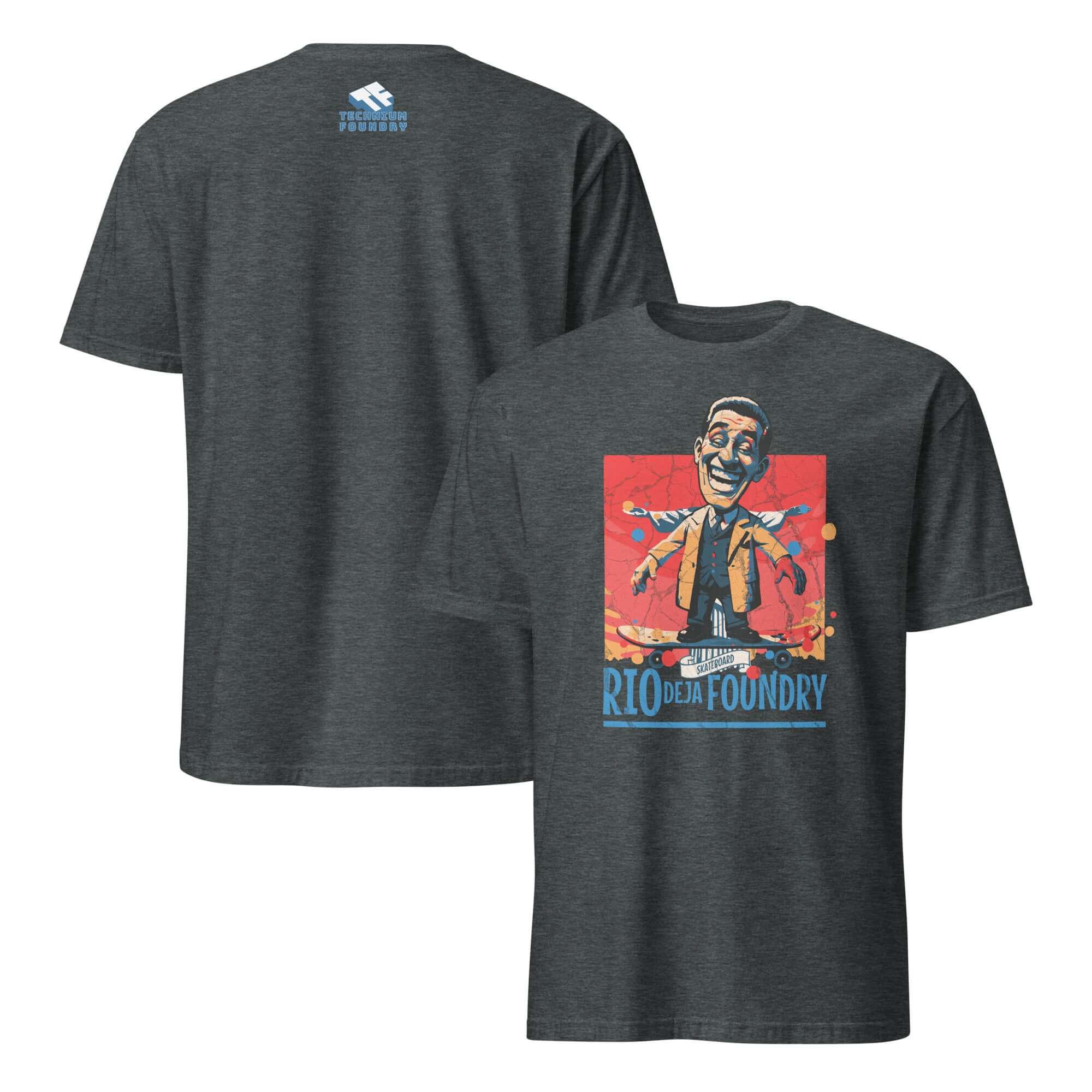 "Rio De La Foundry T-Shirt with Vintage Skateboarding Character in Mustard Jacket and Blue Vest"