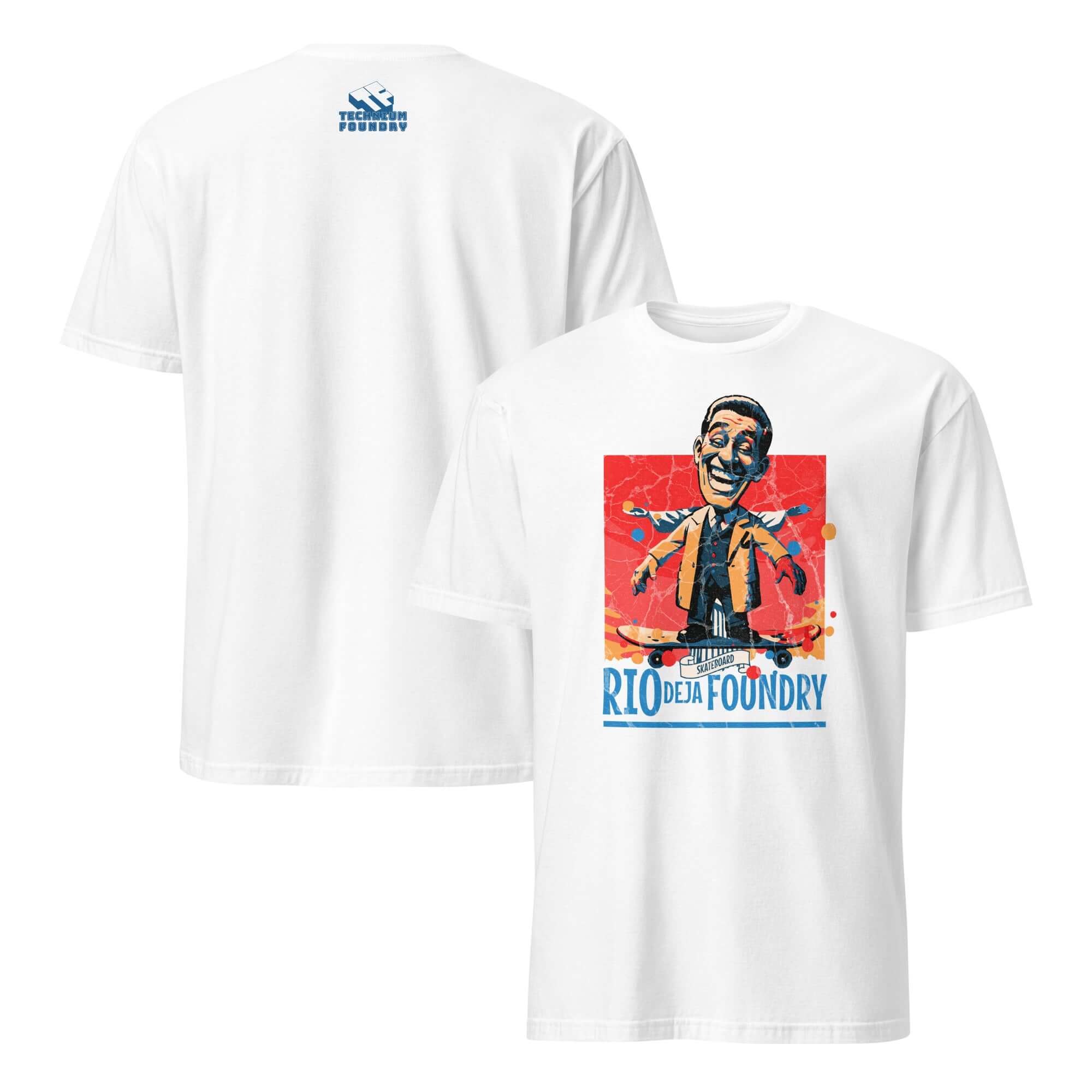 White "Rio De La Foundry" T-Shirt featuring a vintage skateboarding character in a mustard jacket, exuding mid-century skate vibes.