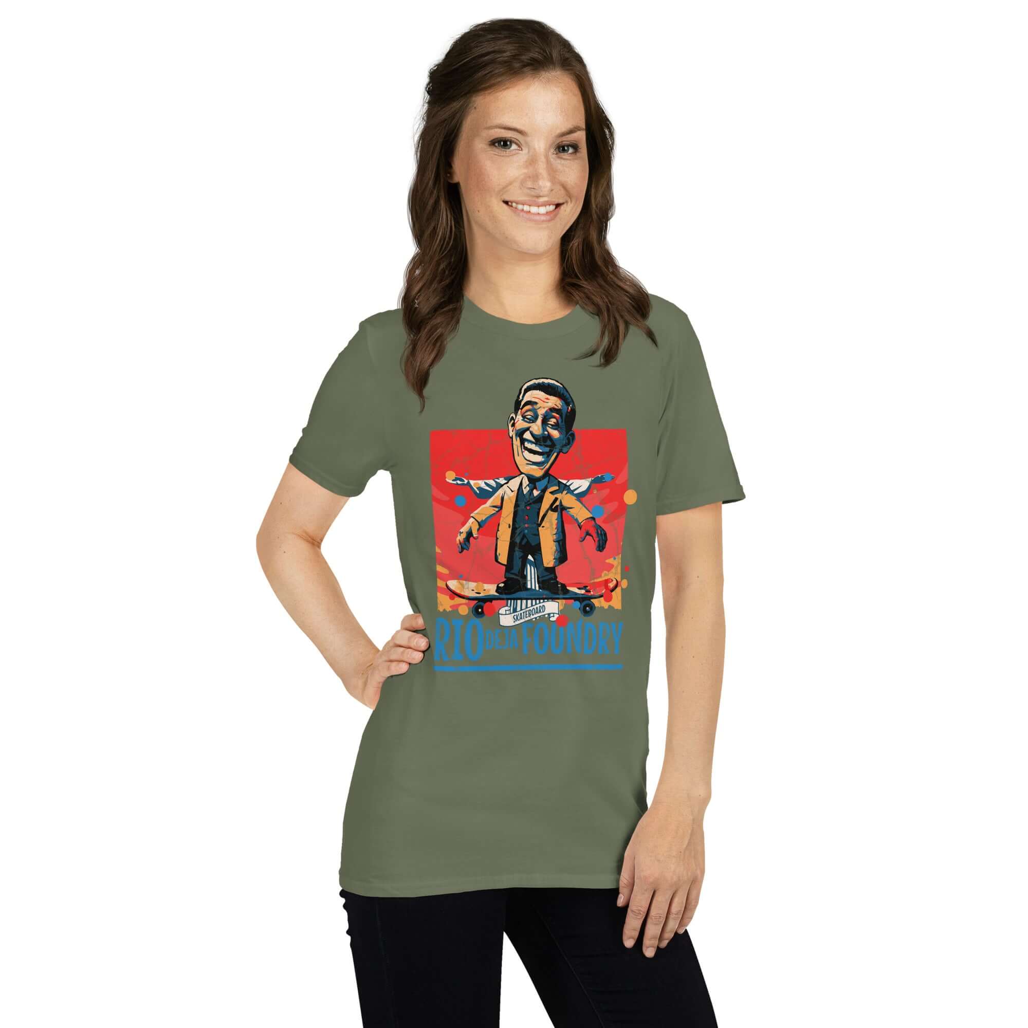 Vintage Rio De La Foundry T-Shirt featuring grinning skateboarding character in mustard jacket, exuding retro charm.