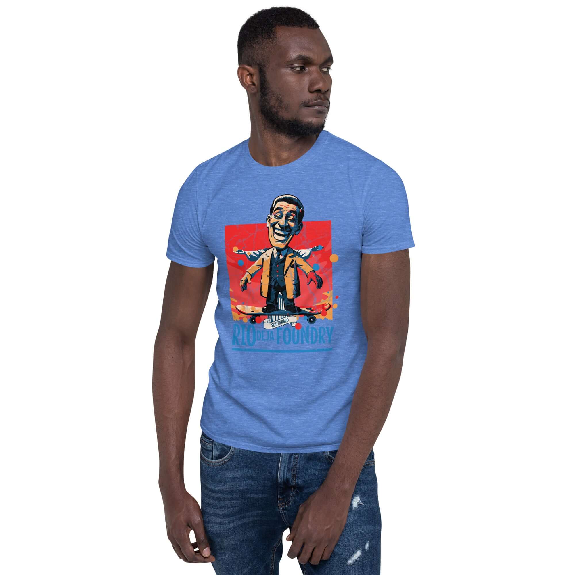 Man wearing Rio De La Foundry T-shirt with vintage grinning skateboarder design in blue, mustard jacket and blue vest.