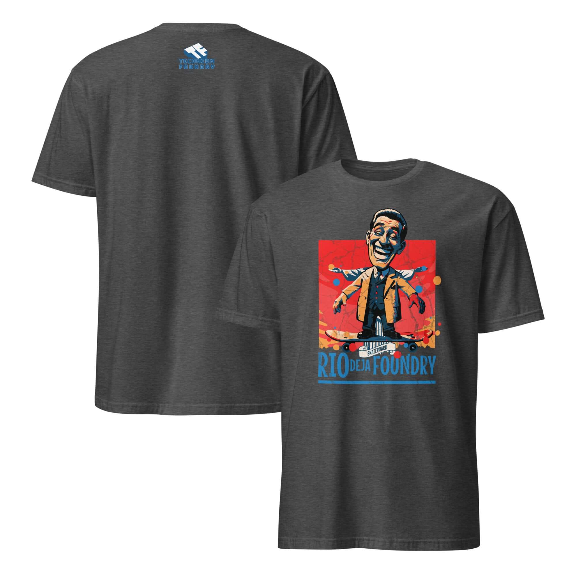 Rio De La Foundry T-Shirt featuring vintage skateboarding character in mustard jacket and blue vest on a dark tee.