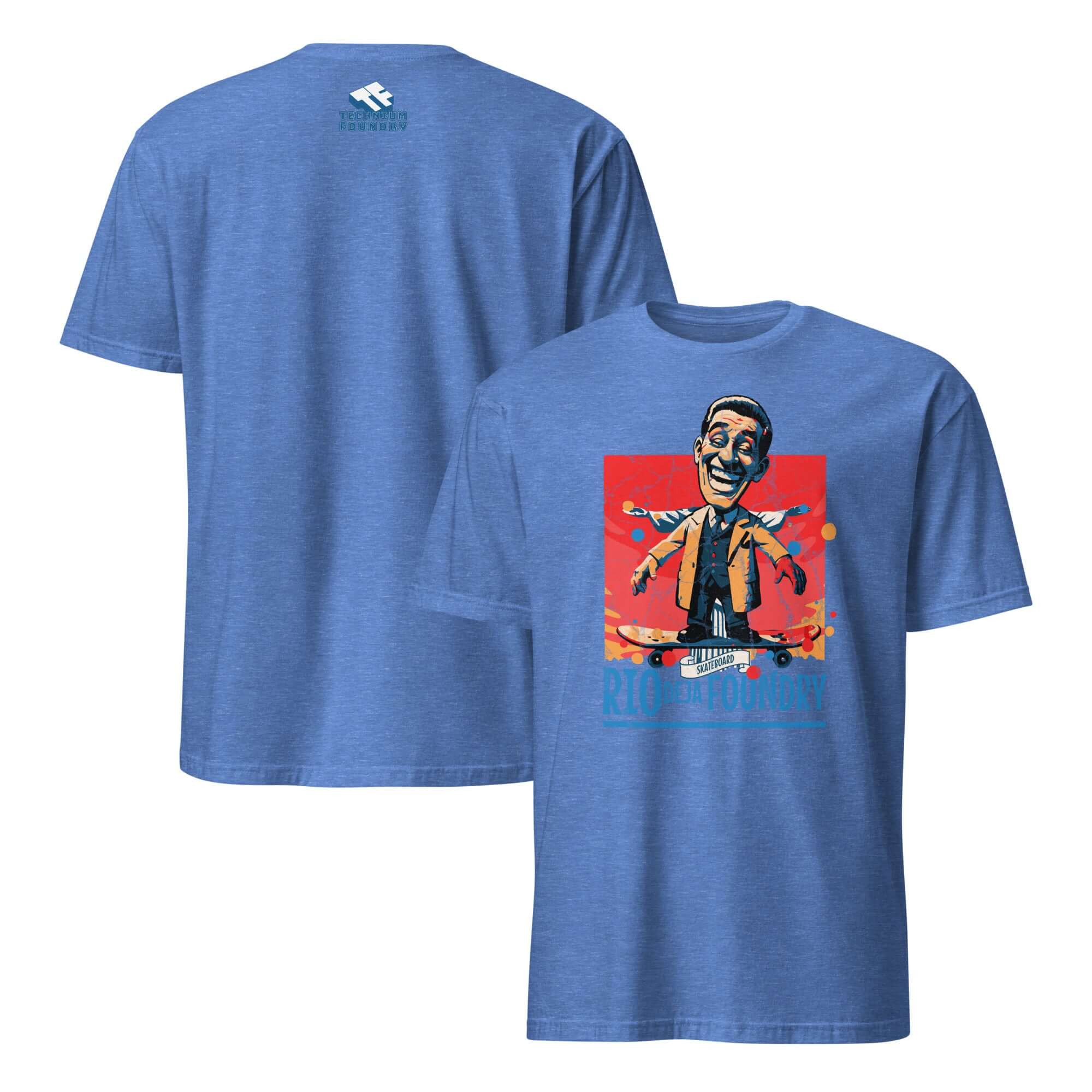 Rio De La Foundry blue t-shirt featuring a vintage skateboarding character in a mustard jacket and blue vest.