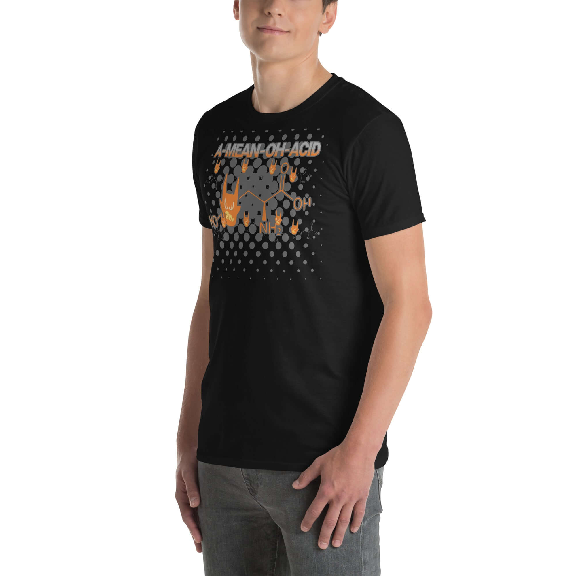 Man wearing black "A Mean Oh Acid" t-shirt featuring rock 'n' roll amino acid chemistry design.