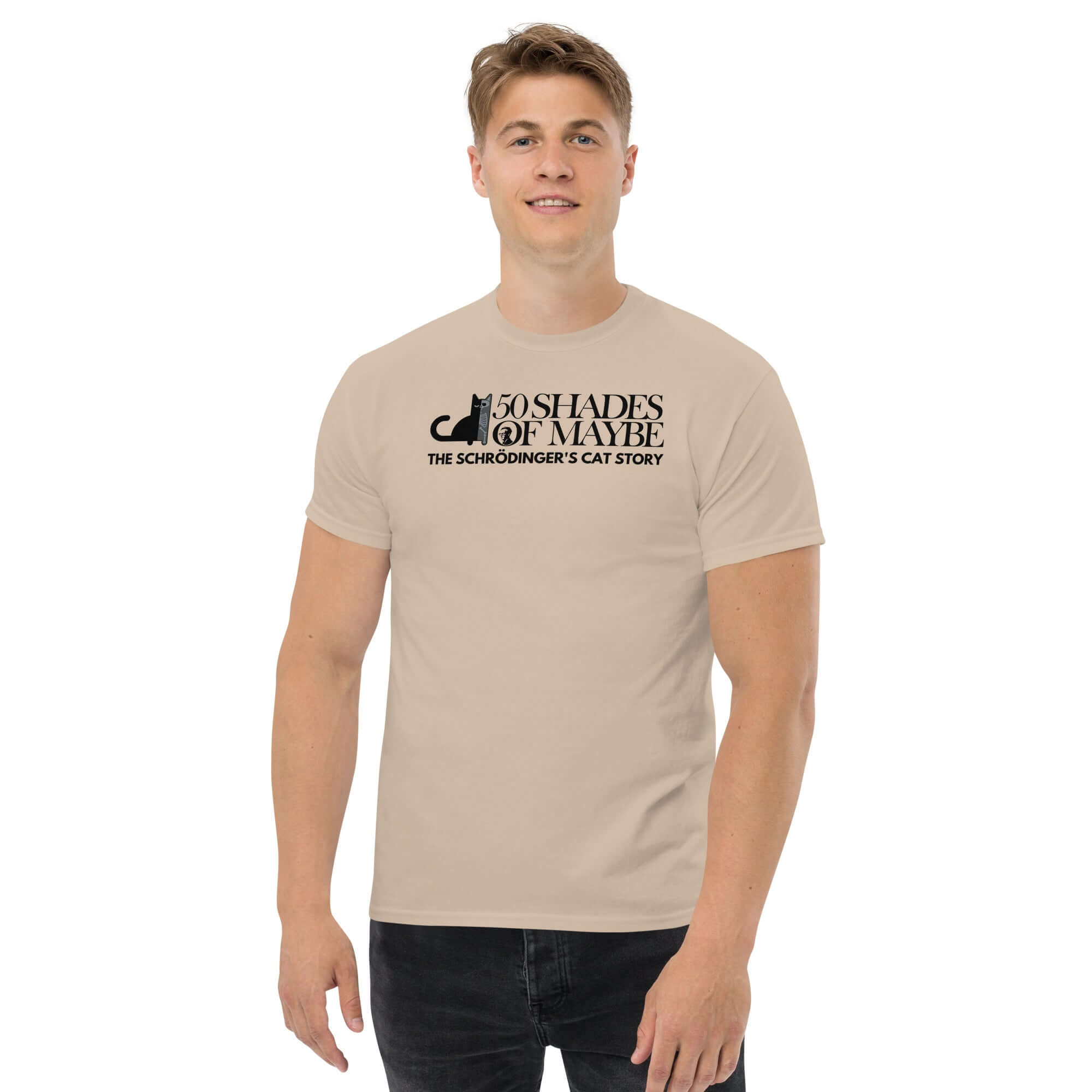 Man wearing 50 Shades of Maybe Schrödinger's Cat parody t-shirt with minimalist cat silhouette, quantum physics literature humor design.