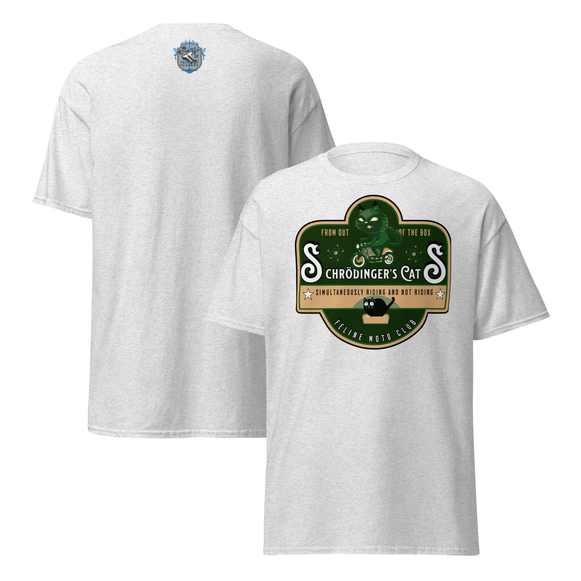 Schrödinger's Cats Motorcycle Club T-Shirt with green cat emblem on front and back, quantum physics biker tee design.